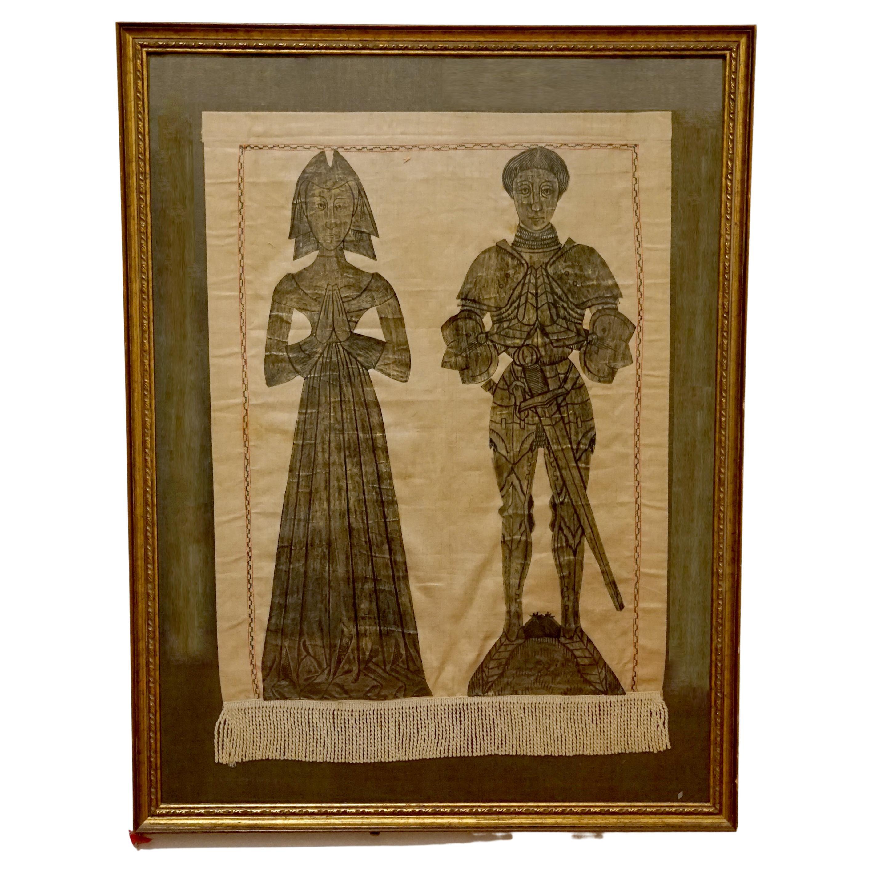 English or Continental Gothic Revival Rubbing of Knight and Lady For Sale