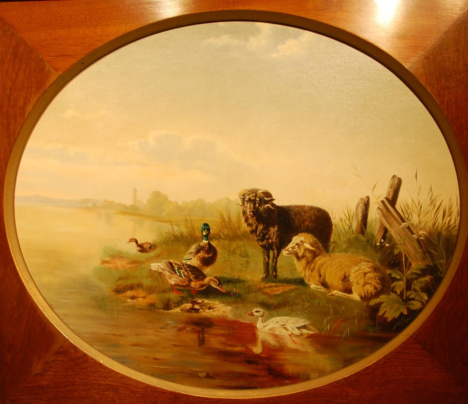 English or Dutch original oil painting on canvas of a bucolic scene with a ram and ewe with ducks 