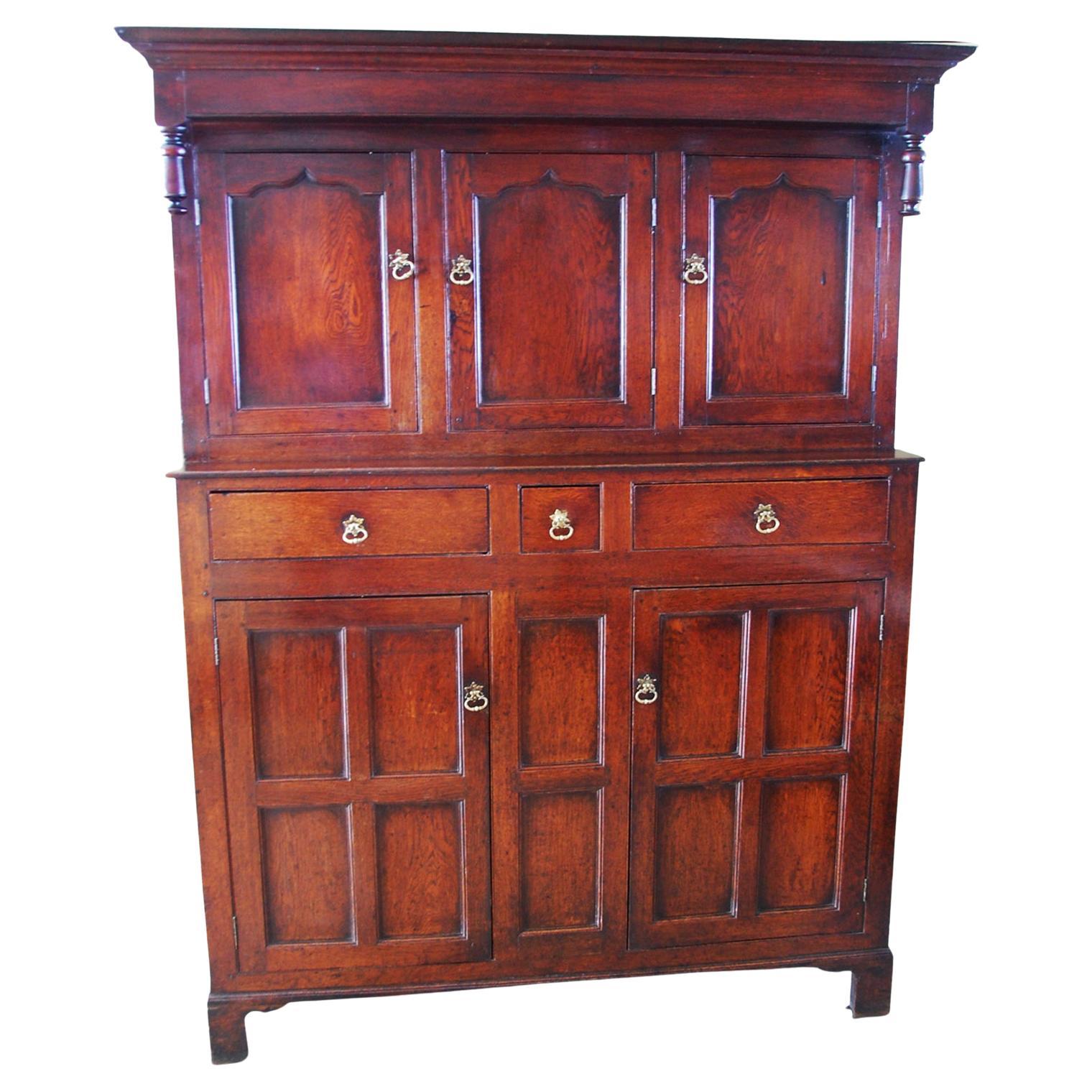 English or Welsh George III Oak Paneled Press Cupboard in Two Parts For Sale