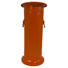 English Orange Painted Brass Metal Umbrella Stand with Lion Heads