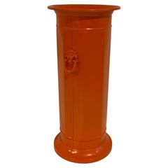 English Orange Painted Brass Metal Umbrella Stand with Lion Heads