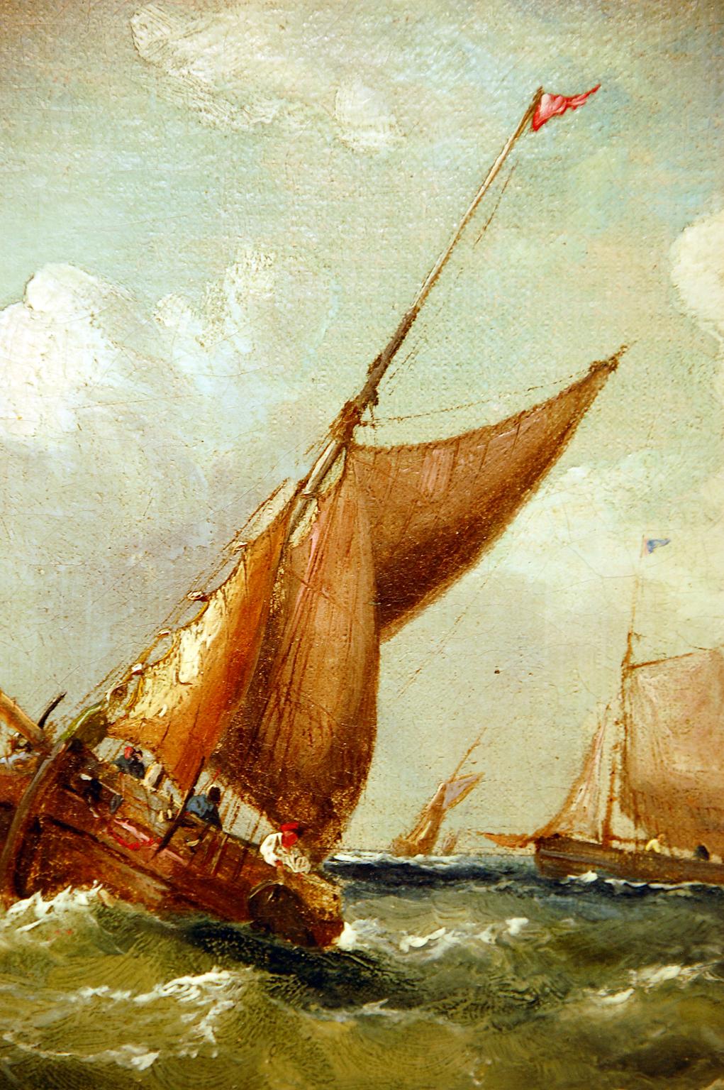 Anglais Peinture à l'huile anglaise originale  Peinture signée J Wilson « Shipping off a Jetty » (expédition d'un joyau)