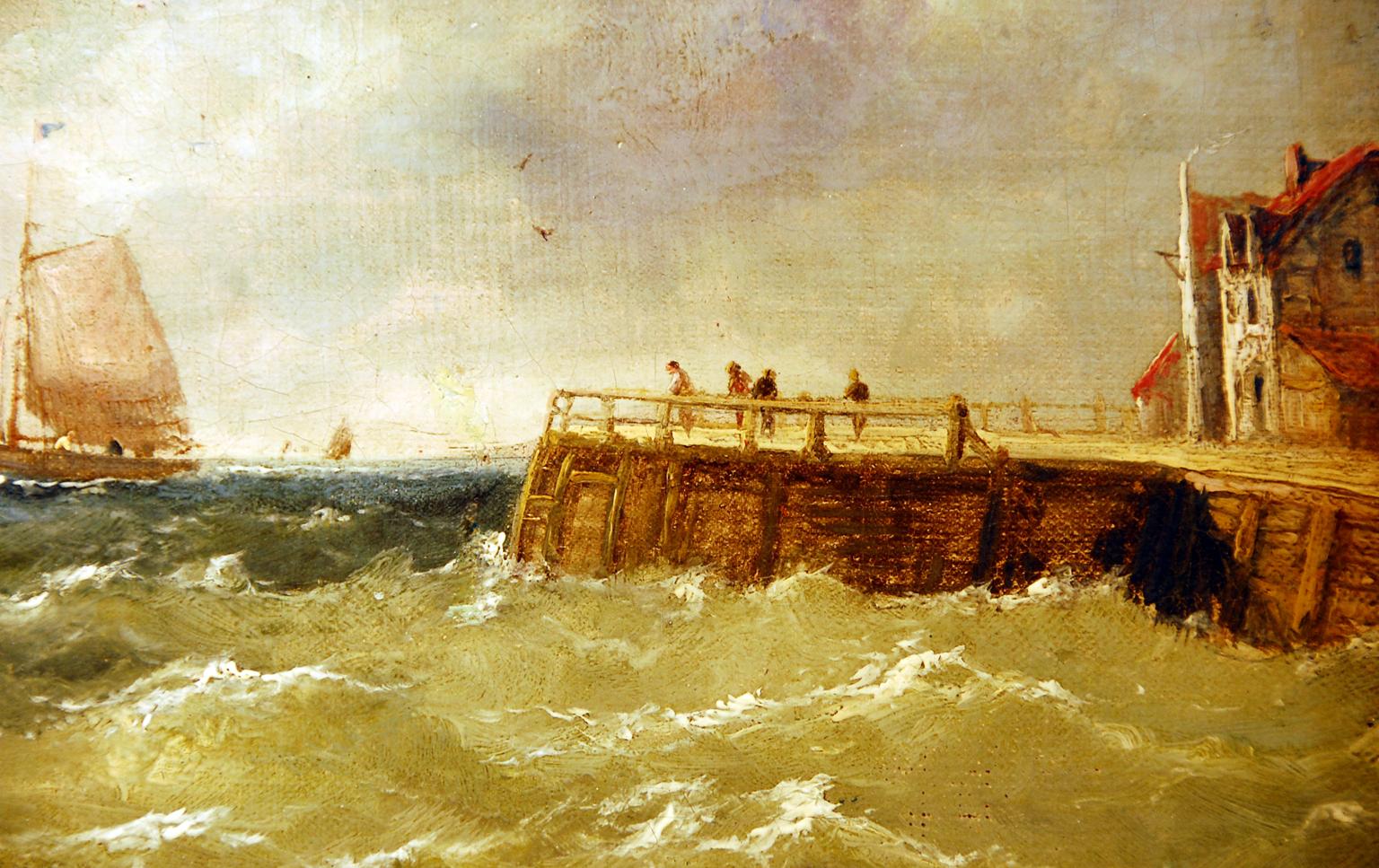 XIXe siècle Peinture à l'huile anglaise originale  Peinture signée J Wilson « Shipping off a Jetty » (expédition d'un joyau)