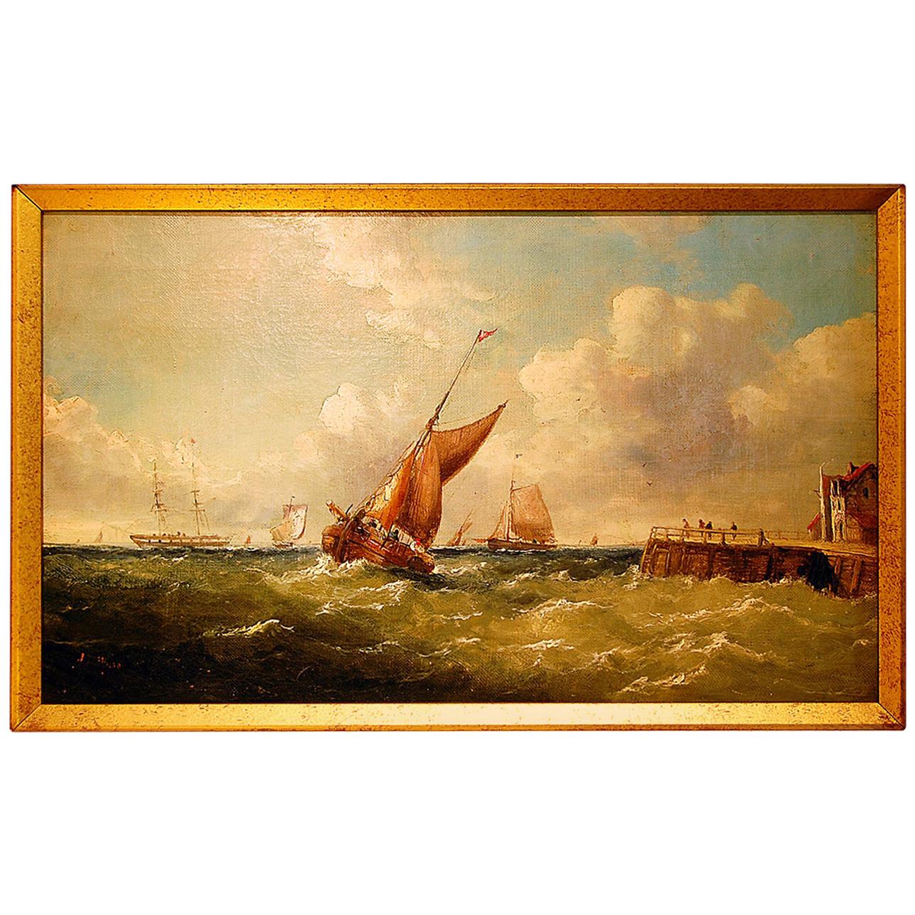 English Original Marine Oil  Painting Signed J Wilson "Shipping off a Jetty"