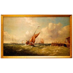 English Original Marine Oil  Painting Signed J Wilson "Shipping off a Jetty"