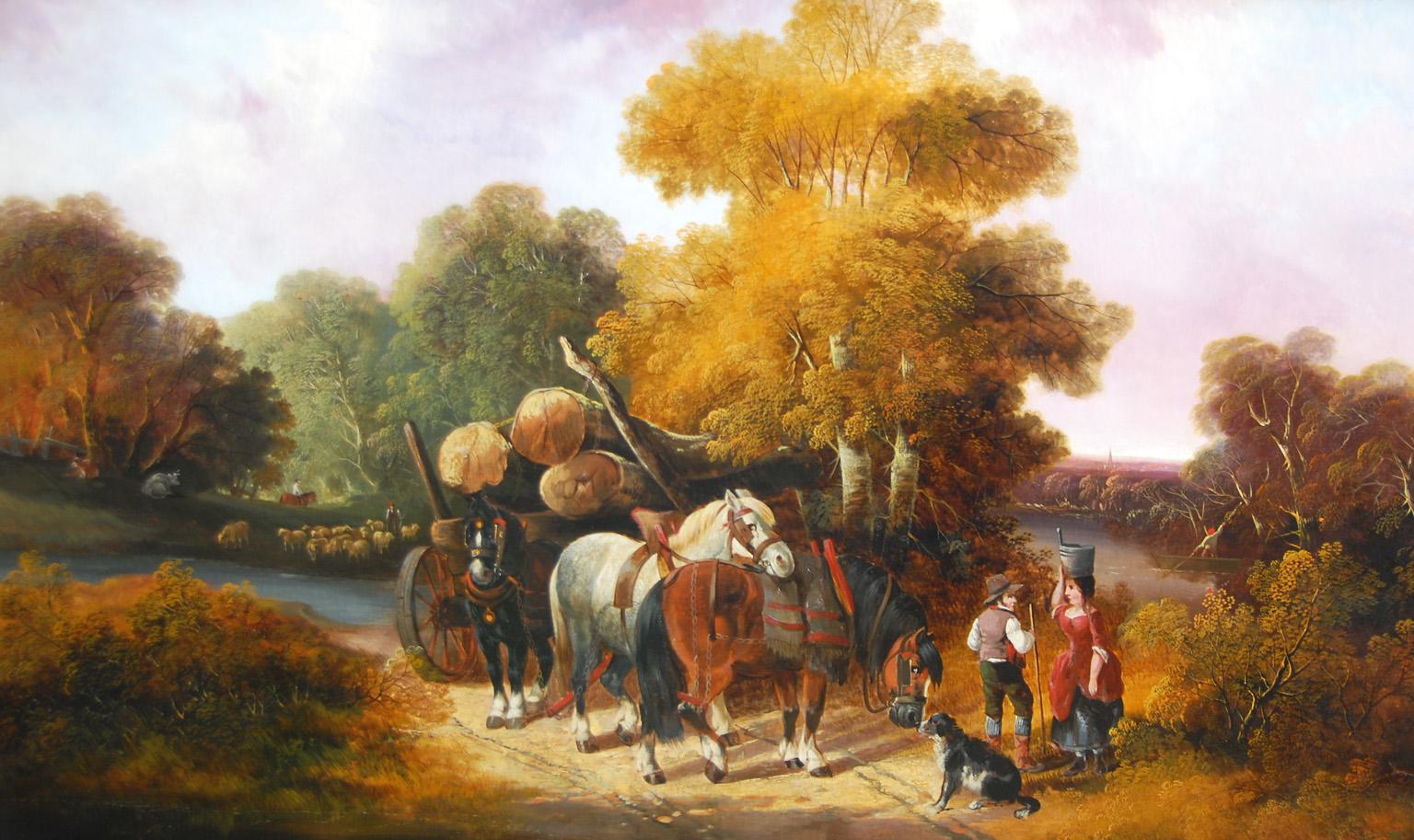 American original oil painting on canvas, signed and dated Searby & Willis, 1874. This large painting shows a bit of rural life in 19th century America. 