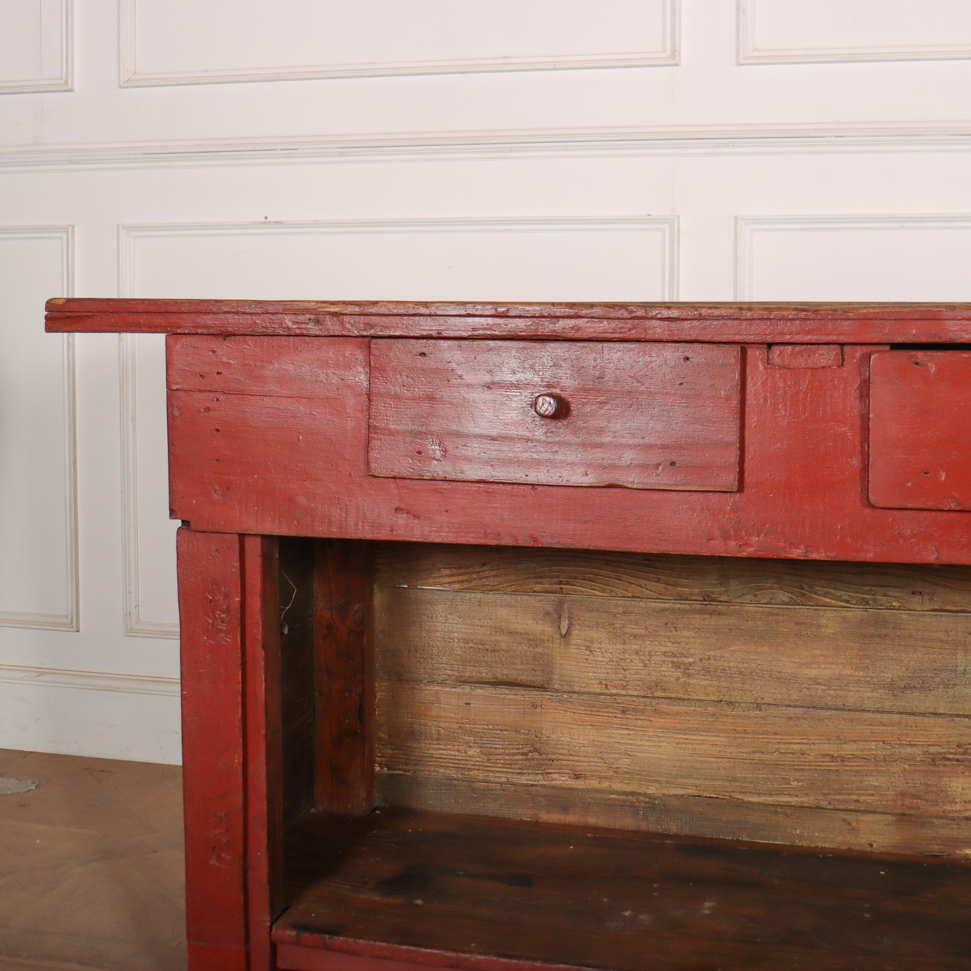 Primitive English original painted three drawer potboard dresser base. 1880.

Code: 8615

Dimensions:
W: 85