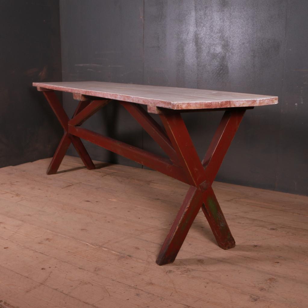 Large 19th century original painted tavern table with scrubbed pine top, 1840.

Dimensions
90.5 inches (230 cms) Wide
21.5 inches (55 cms) Deep
30.5 inches (77 cms) High