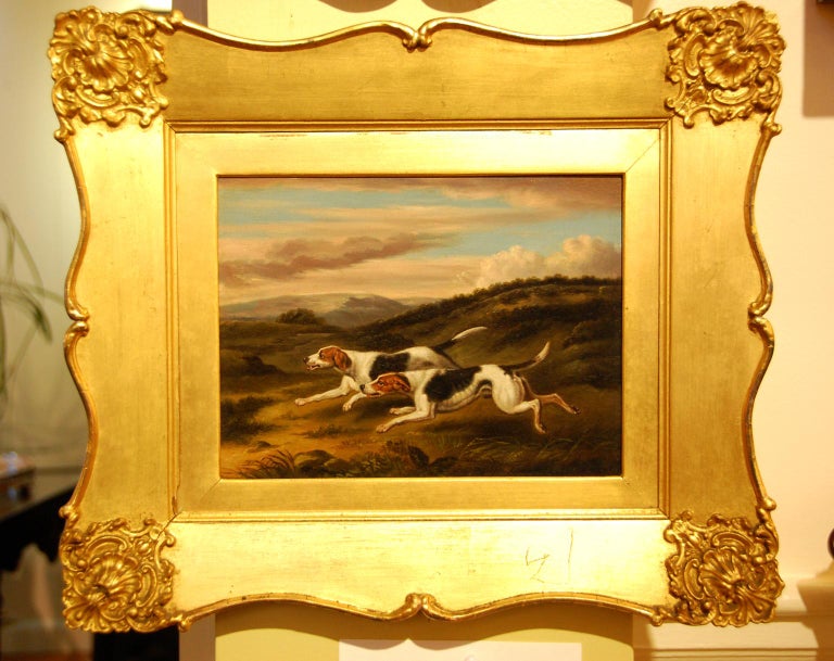 19th Century English Original Samuel Raven Pair of Hound Dog Oil Paintings in Original Frames For Sale