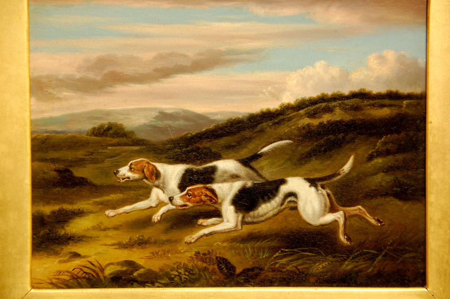 English Original Samuel Raven Pair of Hound Dog Oil Paintings in Original Frames For Sale 1