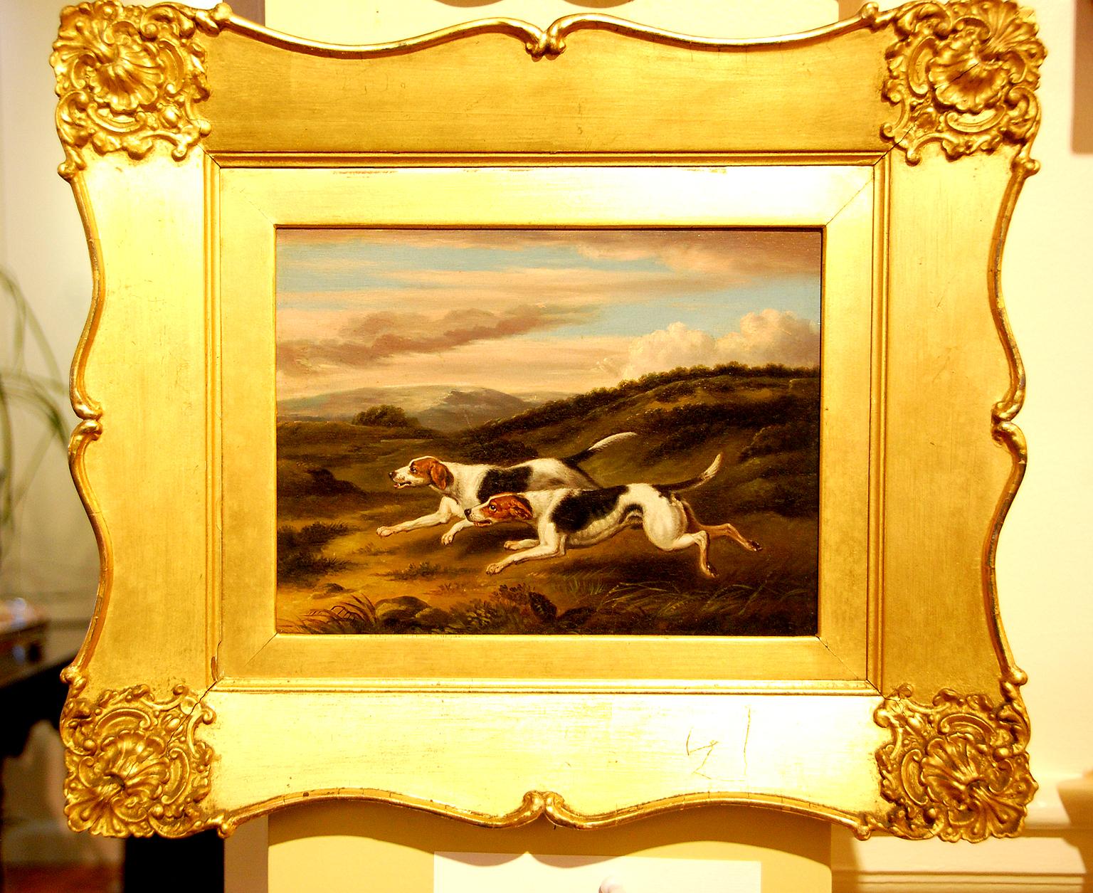 English Original Samuel Raven Pair of Hound Dog Oil Paintings in Original Frames For Sale 3