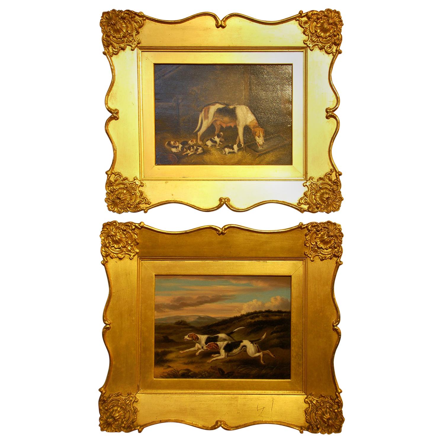 English Original Samuel Raven Pair of Hound Dog Oil Paintings in Original Frames For Sale