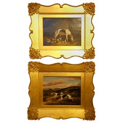 English Original Samuel Raven Pair of Hound Dog Oil Paintings in Original Frames