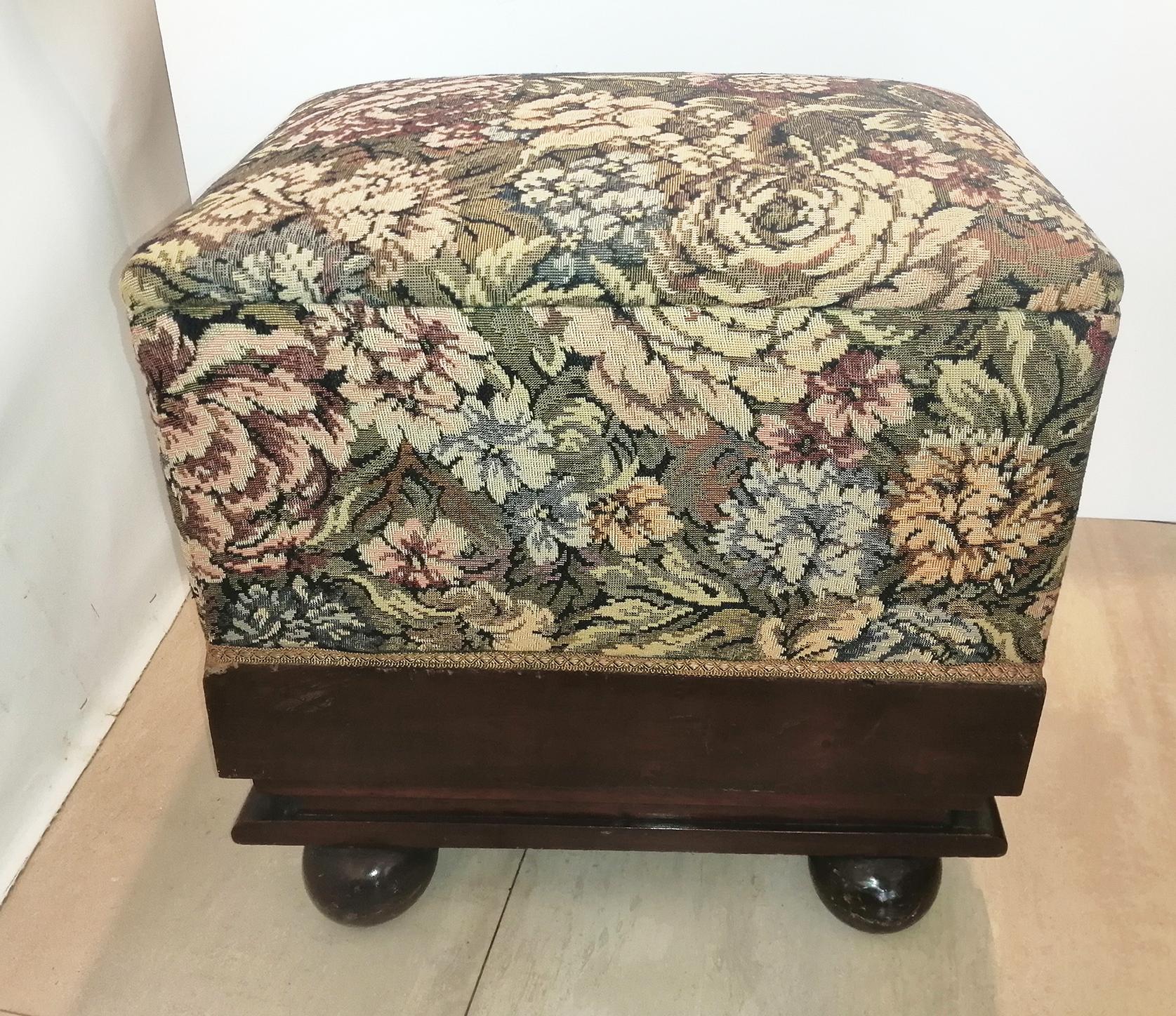 This stool is in excellent condition.

The Needlepoint fabric does not seem very old, it is in perfect condition to use

The seat itself is firm and is very comfortable to sit on or rest your feet. The upholstery is clean and free from any wear,