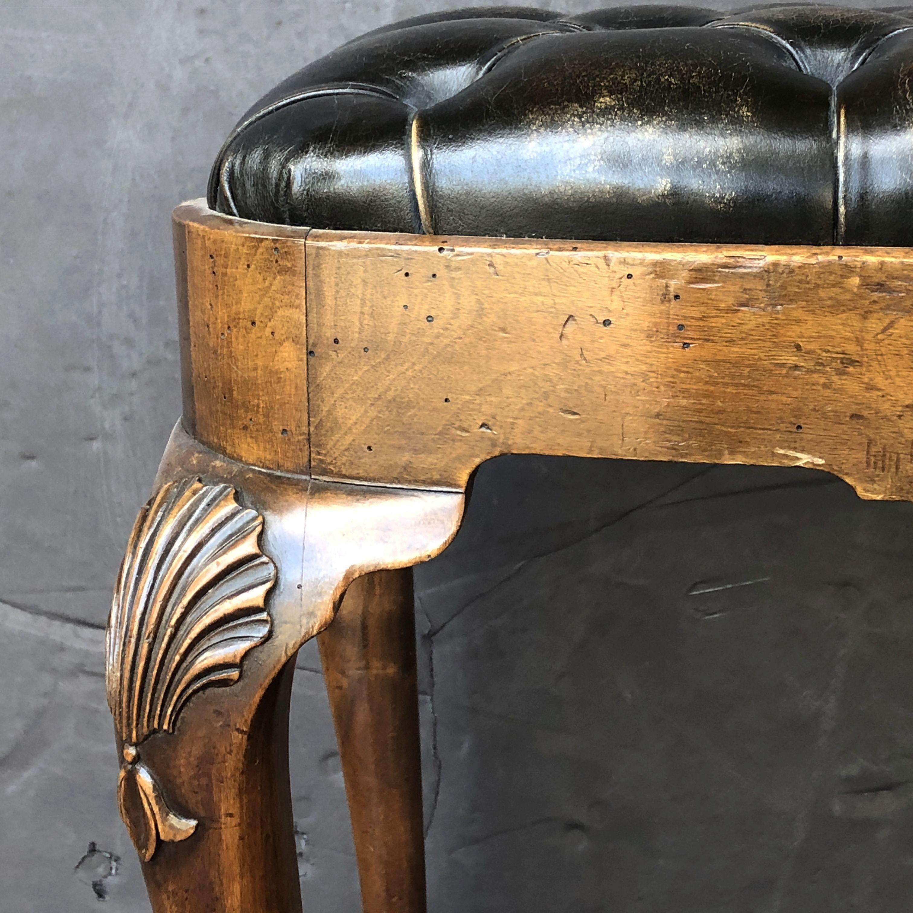 English Ottoman Stool of Tufted Leather on Walnut Cabriole Legs 6