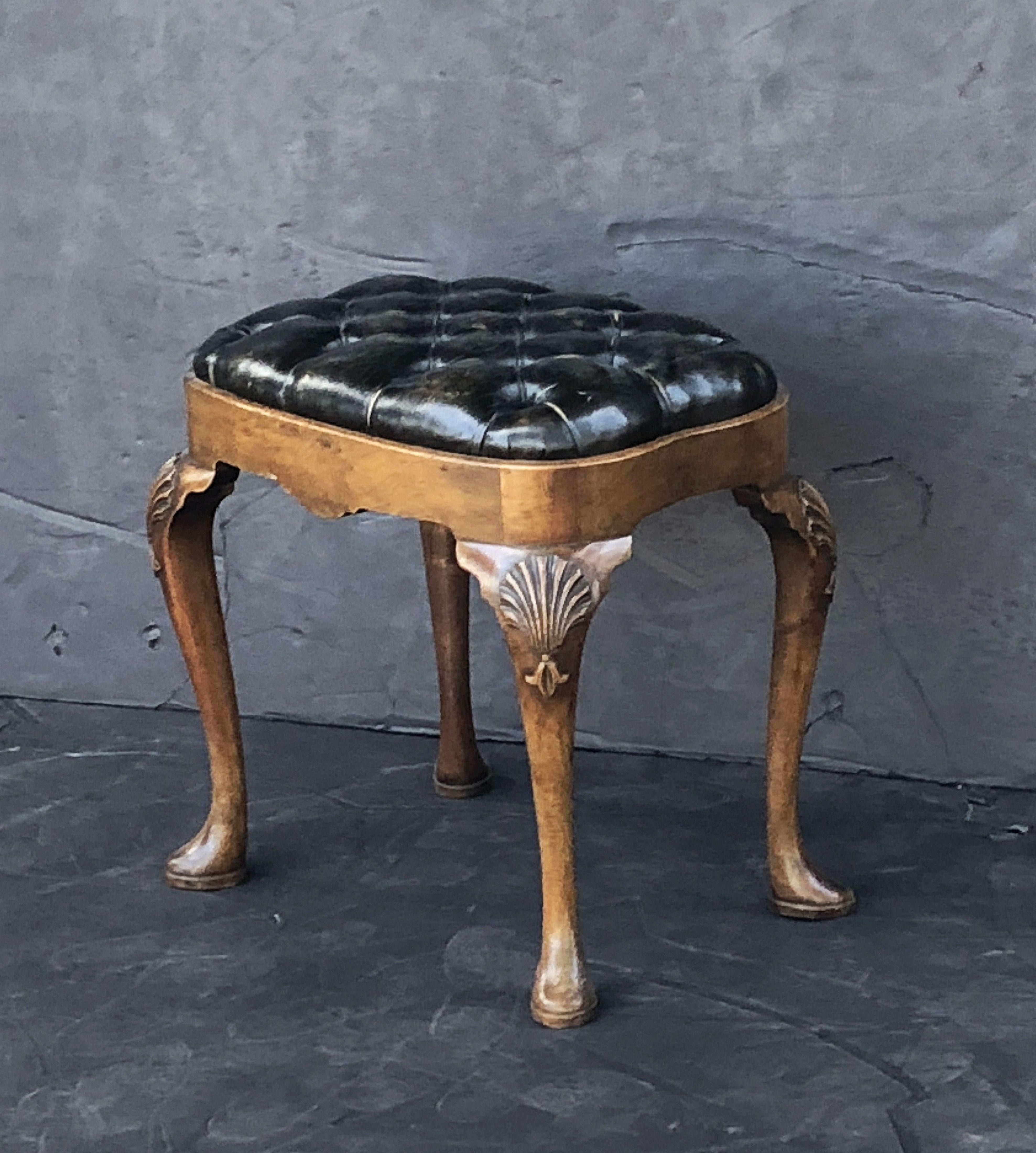 English Ottoman Stool of Tufted Leather on Walnut Cabriole Legs 1