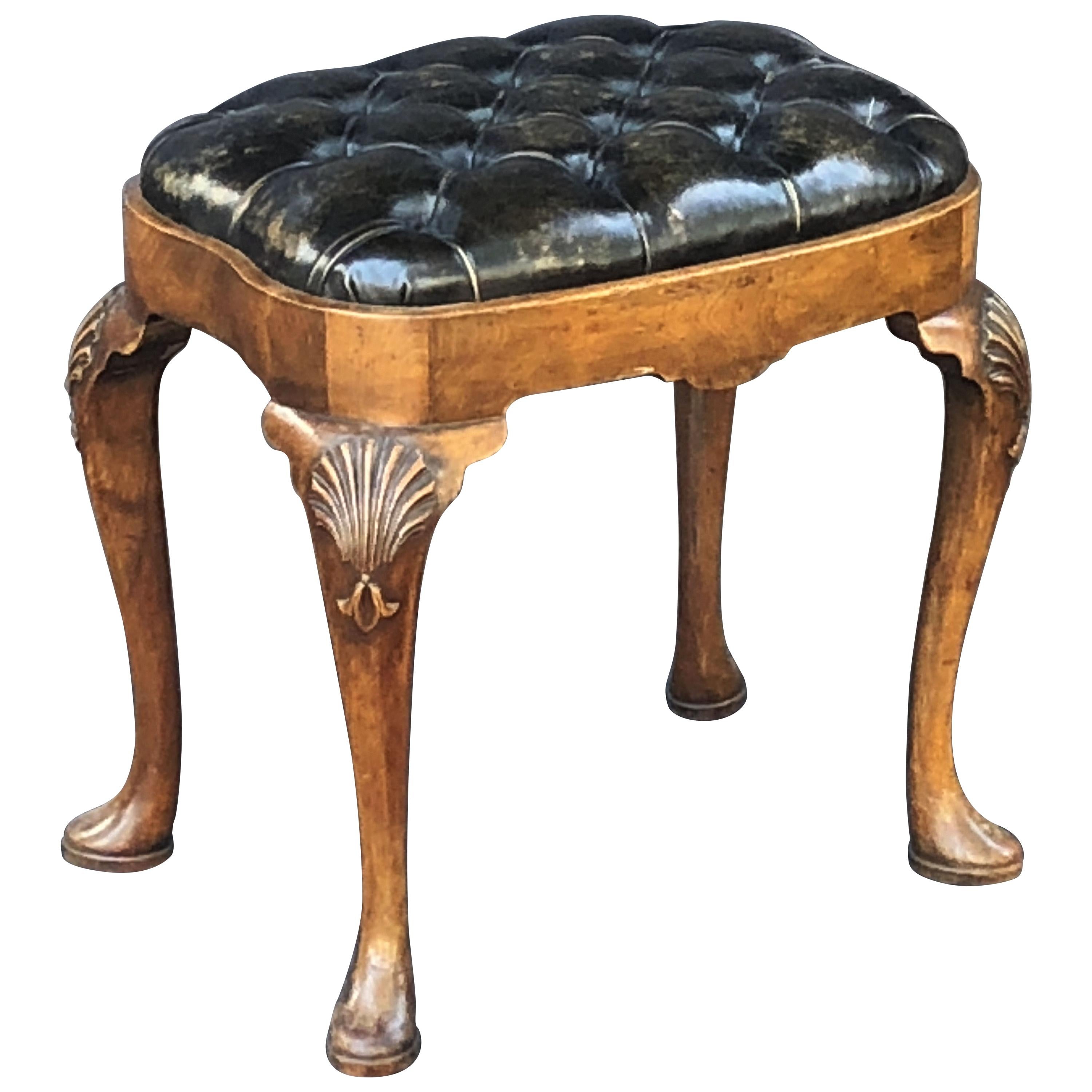 English Ottoman Stool of Tufted Leather on Walnut Cabriole Legs