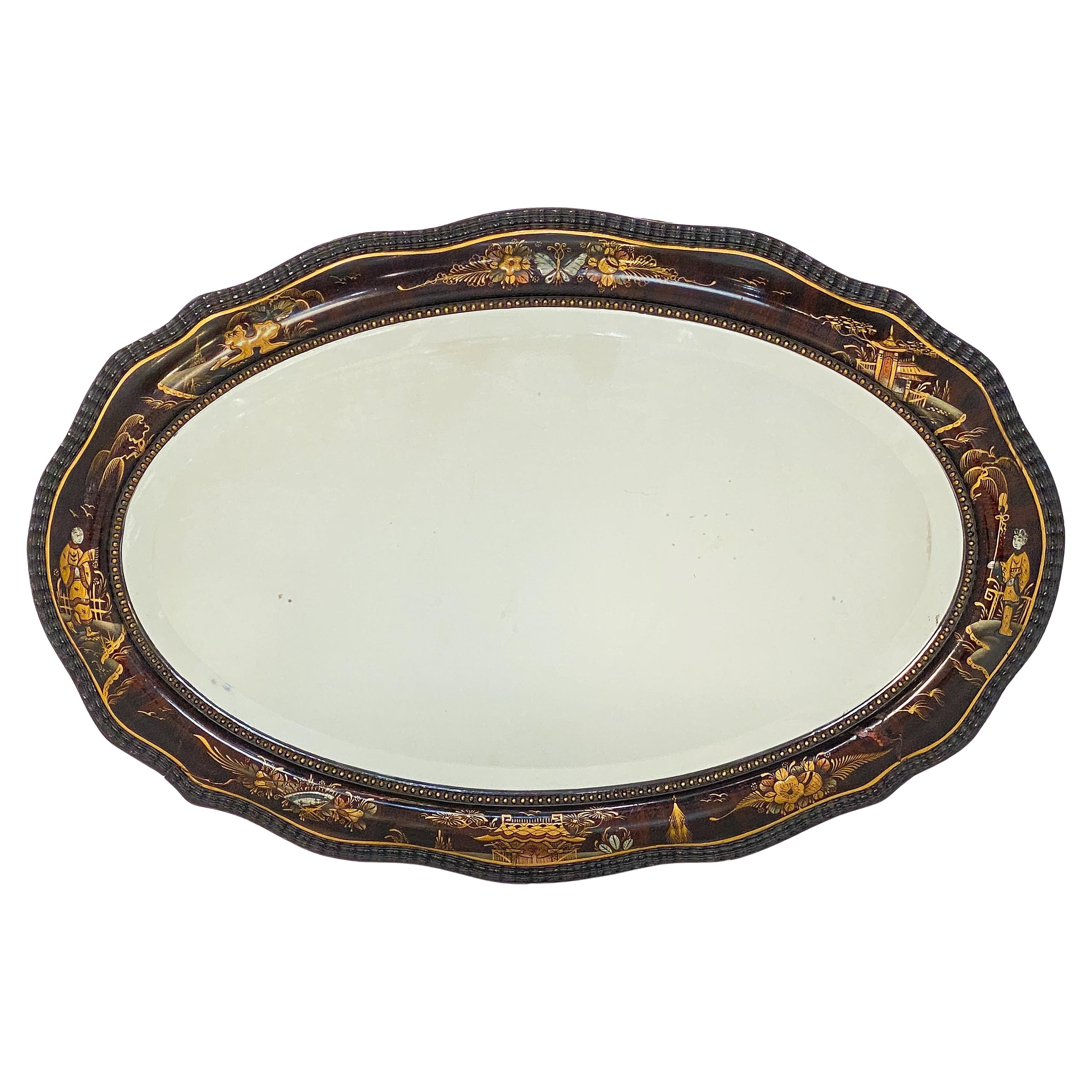 Miroir de salon anglais ovale biseauté avec cadre laqué Chinoiserie (H 22 x L 32) en vente 4