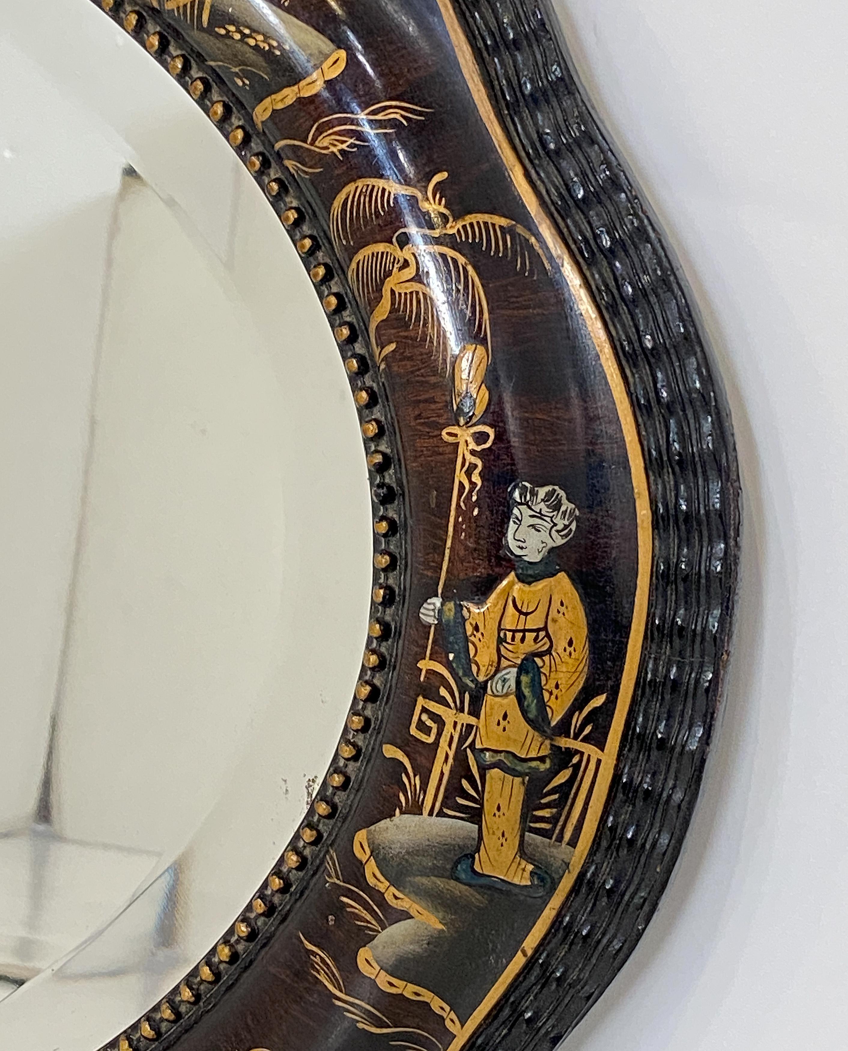 Laqué Miroir de salon anglais ovale biseauté avec cadre laqué Chinoiserie (H 22 x L 32) en vente