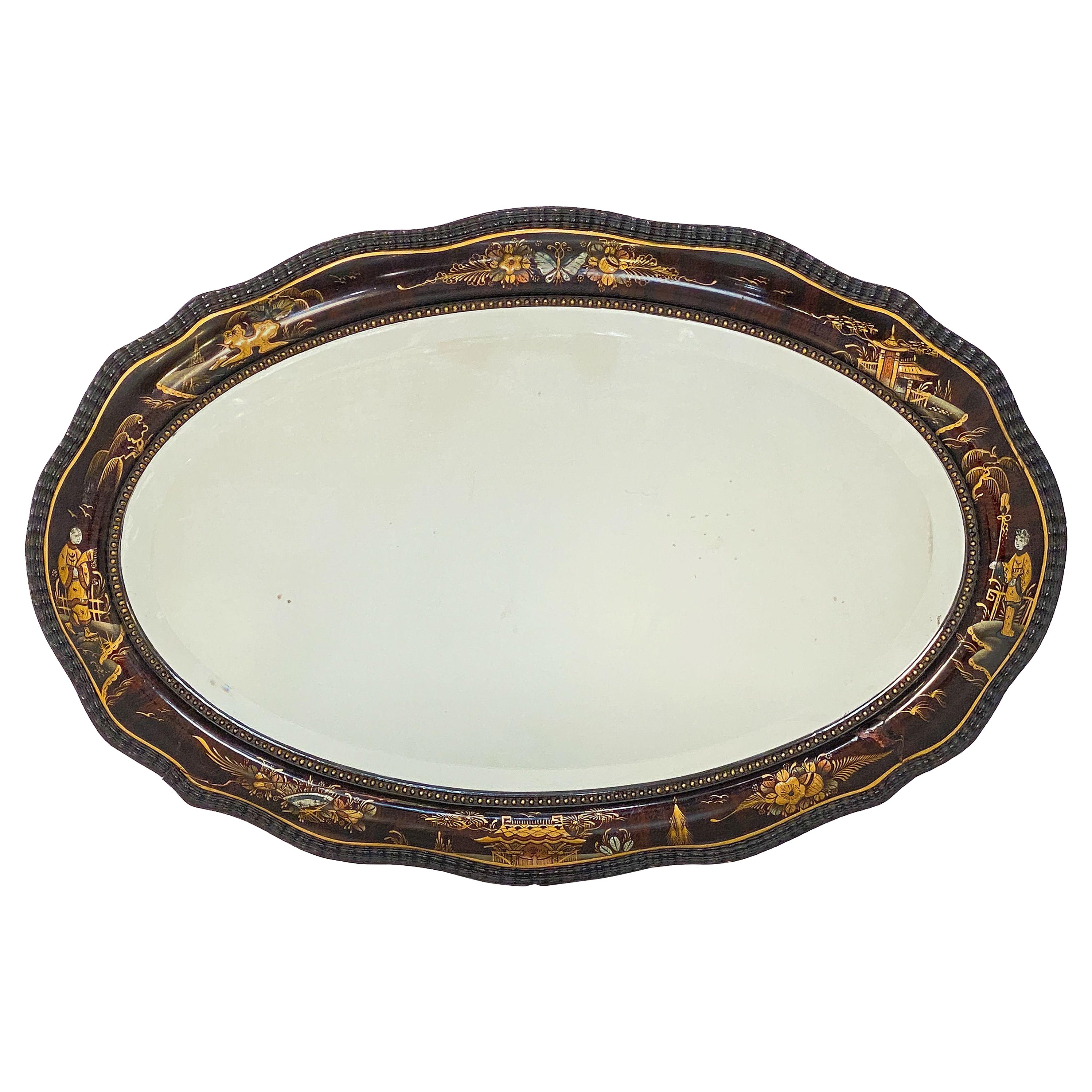 Miroir de salon anglais ovale biseauté avec cadre laqué Chinoiserie (H 22 x L 32) en vente