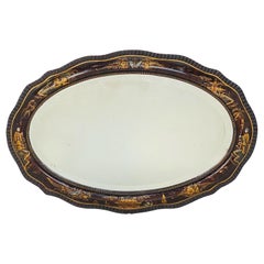 English Oval Beveled Parlour Mirror with Chinoiserie Lacquer Frame (H 22 x W 32)