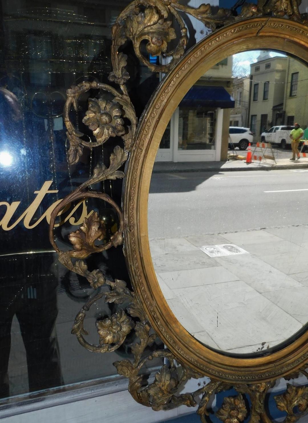 English Oval Gilt Carved Wood and Gesso Scrolled Foliage Wall Mirror, C. 1800 For Sale 1