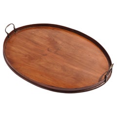 English oval mahogany standing rim tray with brass handles, c. 1850-1900