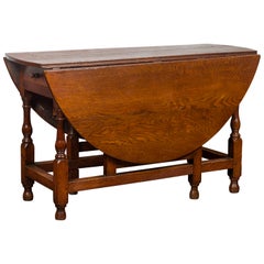 Retro English Oval Oak Drop-Leaf Table with Single Drawer and Baluster Legs