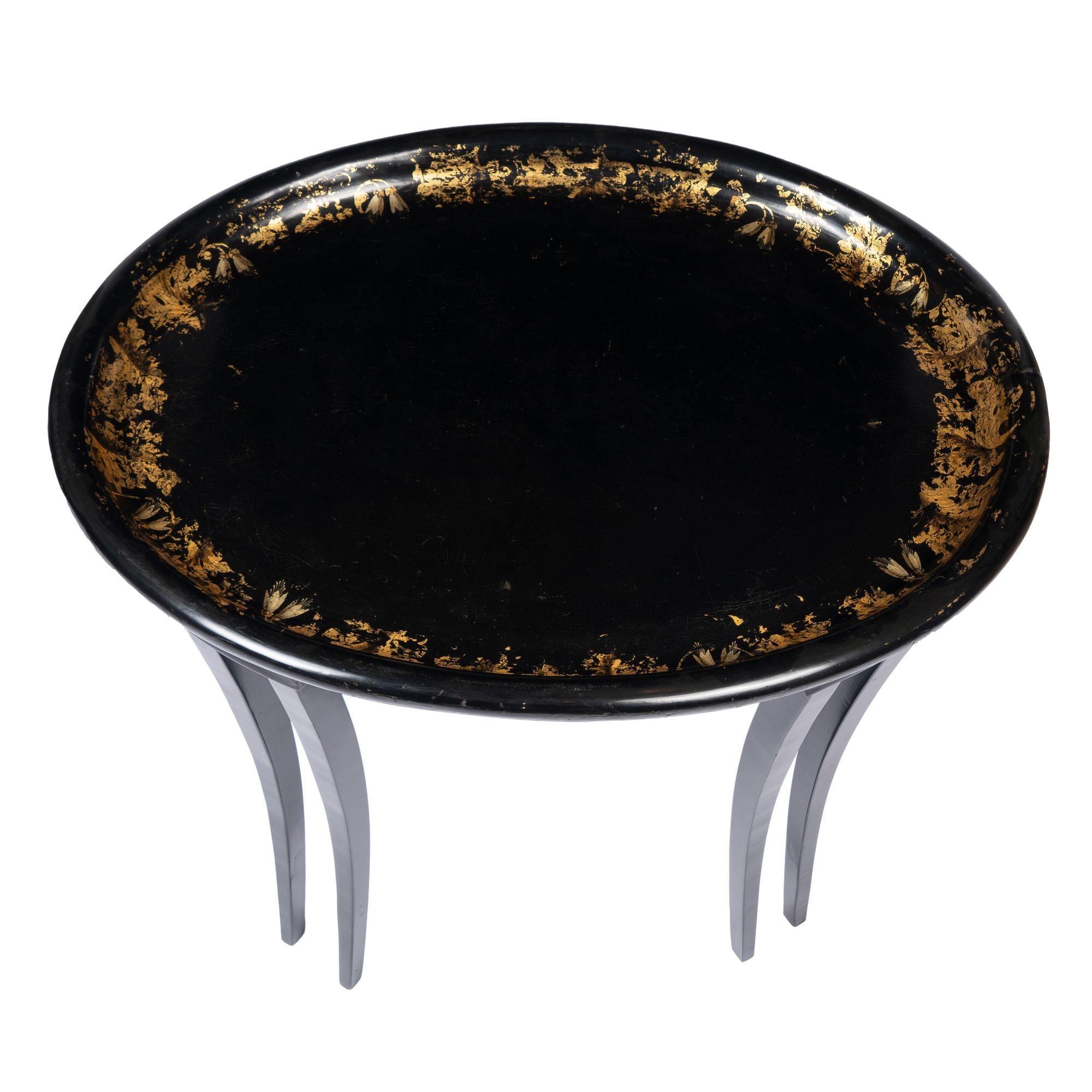English Oval Paper Mache Tray Table on Custom Sabre Leg Stand, c. 1835 For Sale 2