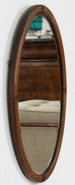 English Oval Parlour Mirror with Beveled Glass and Oak Frame (H 27 3/4 x W 18)