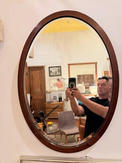 English Oval Parlour Mirror with Beveled Glass Inlaid Mix Woods