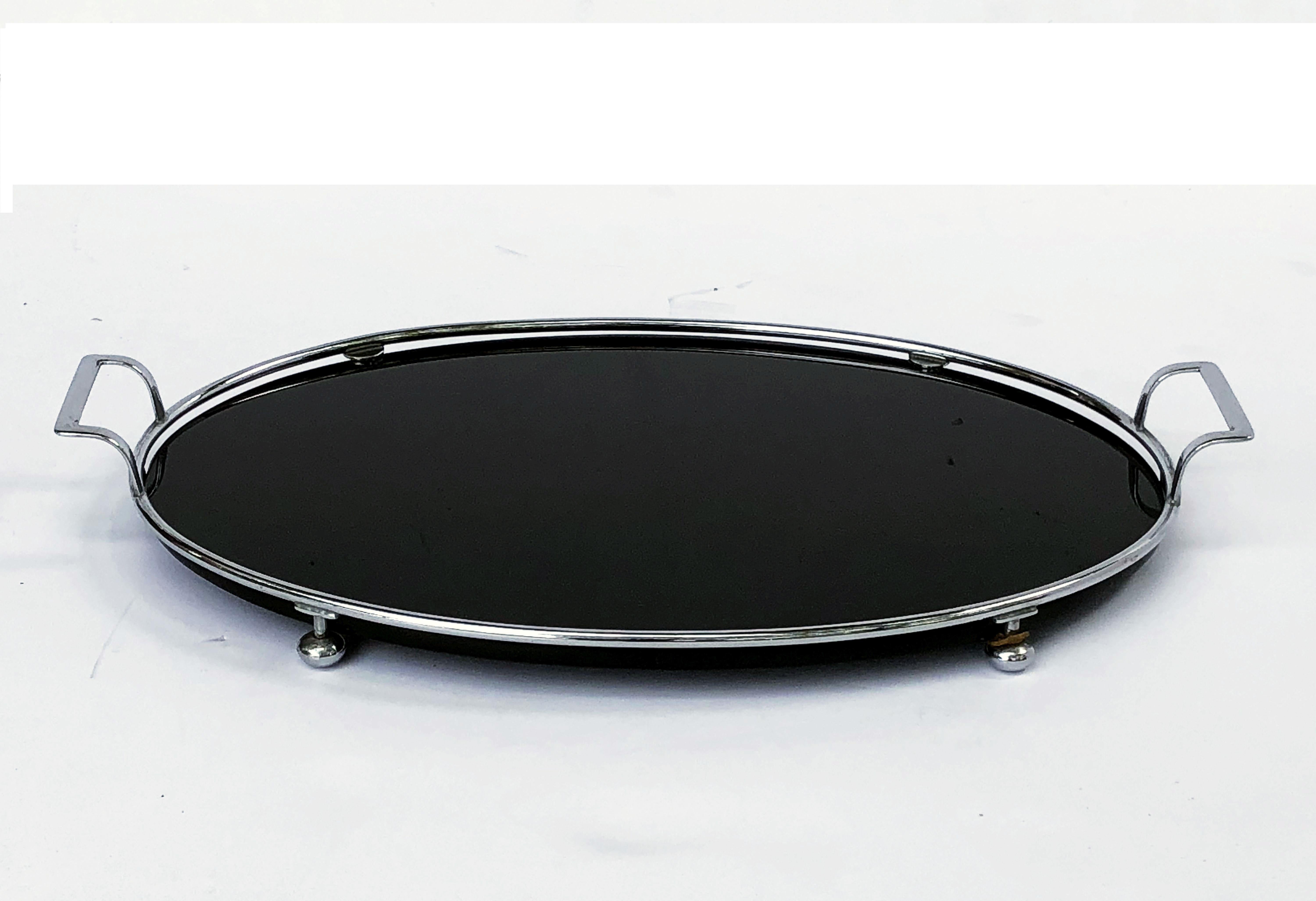 English Oval Serving Tray of Black Glass and Chrome from the Art Deco Period 5