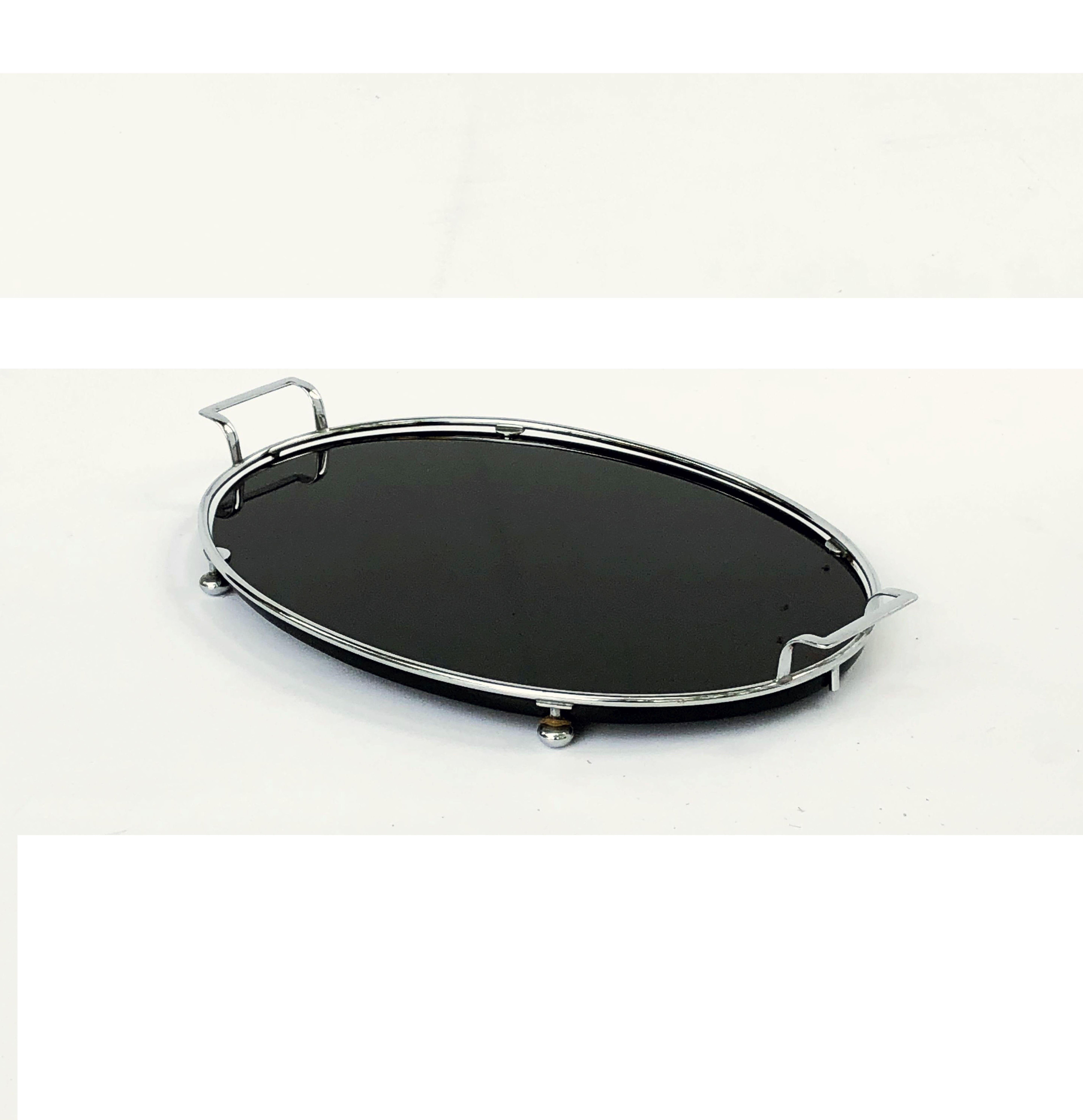 English Oval Serving Tray of Black Glass and Chrome from the Art Deco Period 6