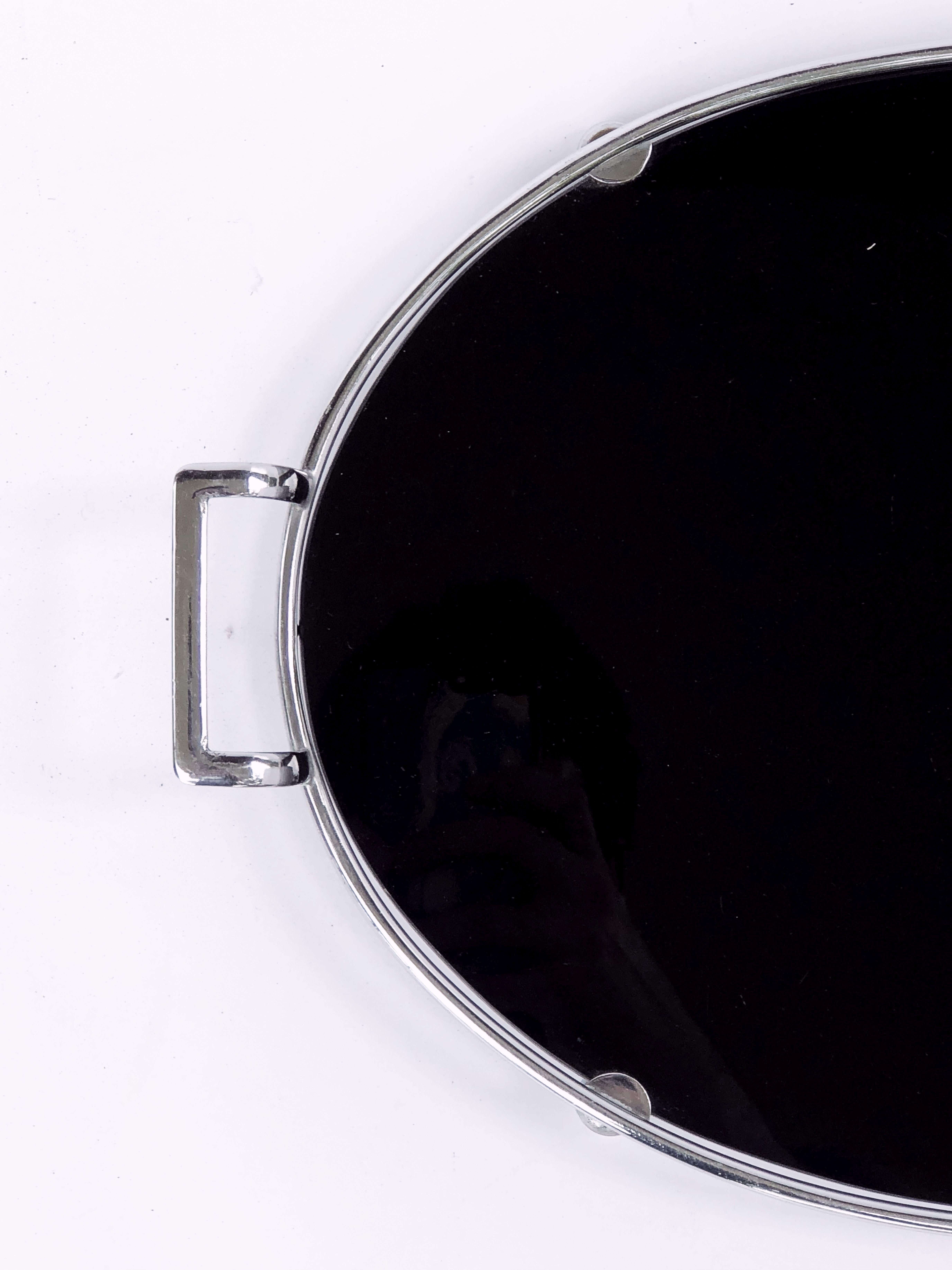 English Oval Serving Tray of Black Glass and Chrome from the Art Deco Period 7