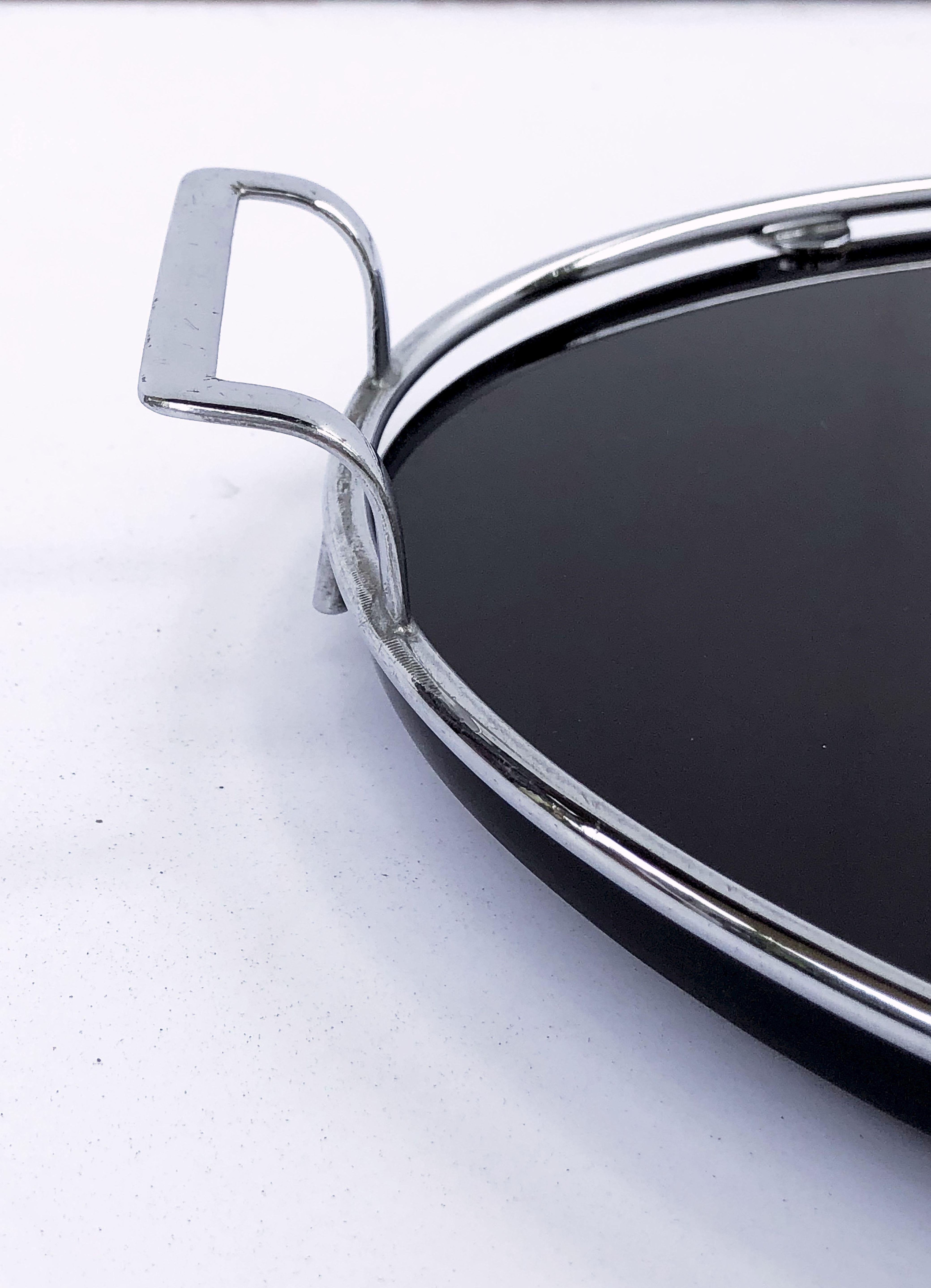 English Oval Serving Tray of Black Glass and Chrome from the Art Deco Period 9
