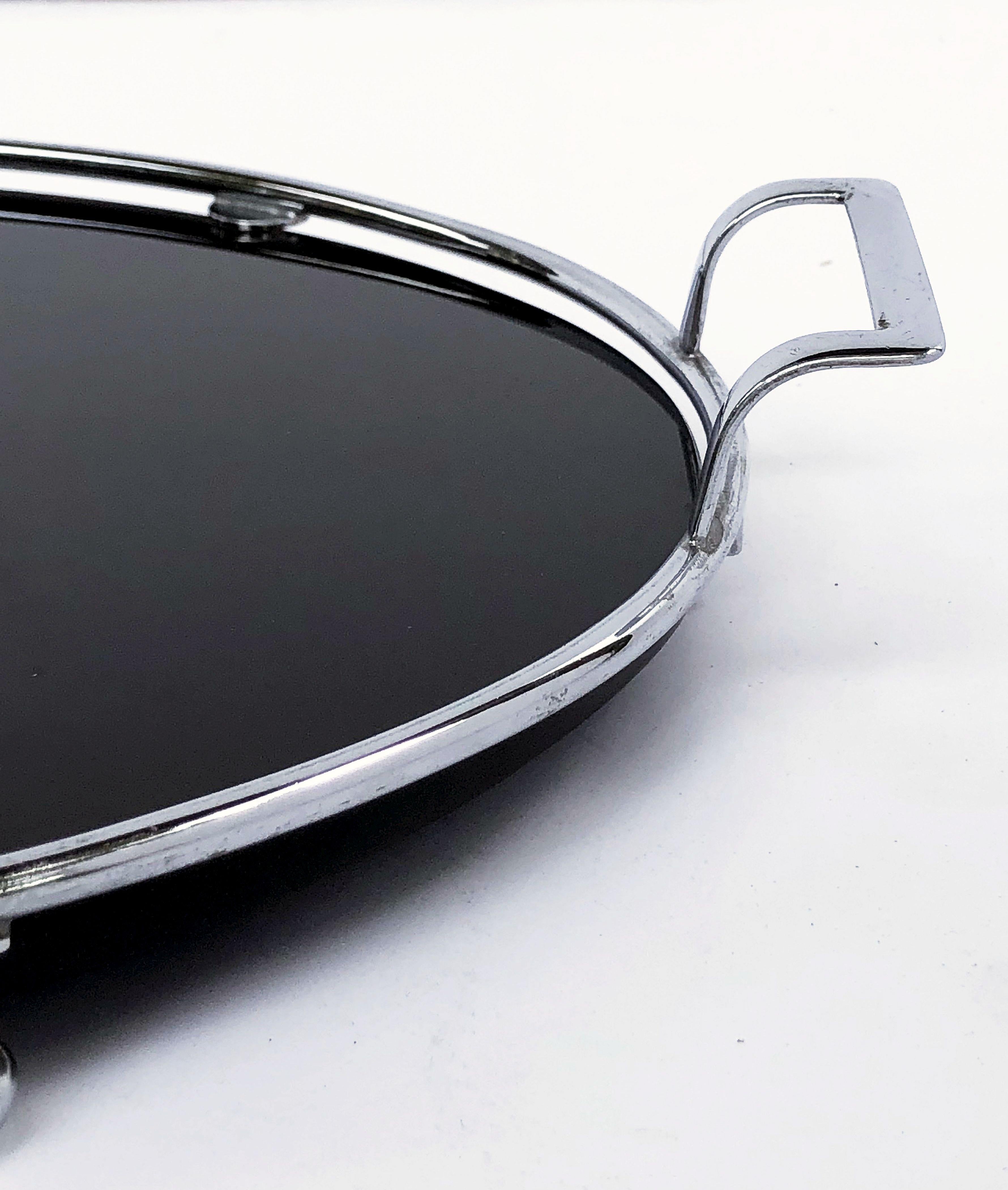English Oval Serving Tray of Black Glass and Chrome from the Art Deco Period 10