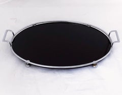 English Oval Serving Tray of Black Glass and Chrome from the Art Deco Period