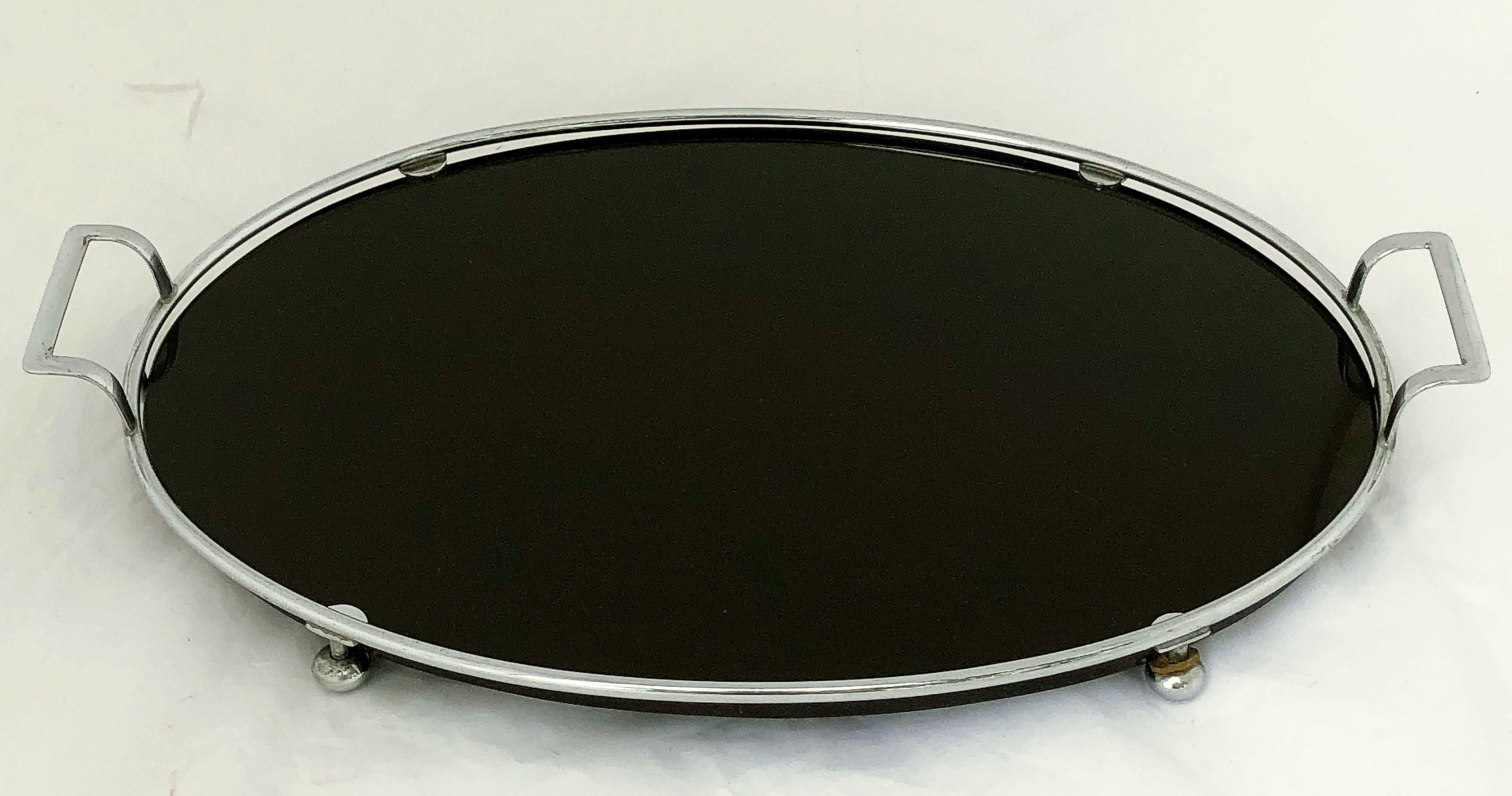 20th Century English Oval Serving Tray of Black Glass and Chrome from the Art Deco Period