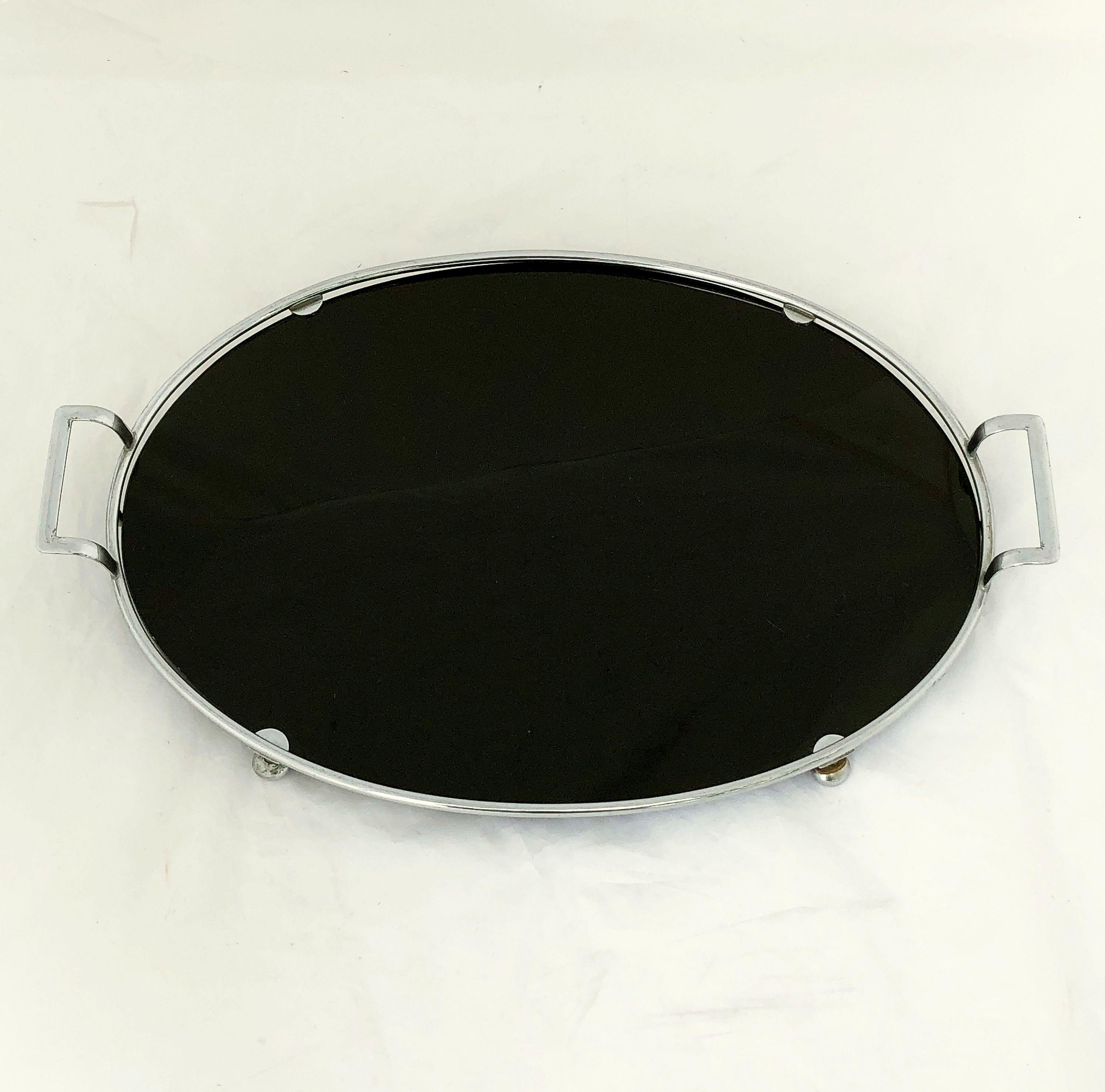 Metal English Oval Serving Tray of Black Glass and Chrome from the Art Deco Period