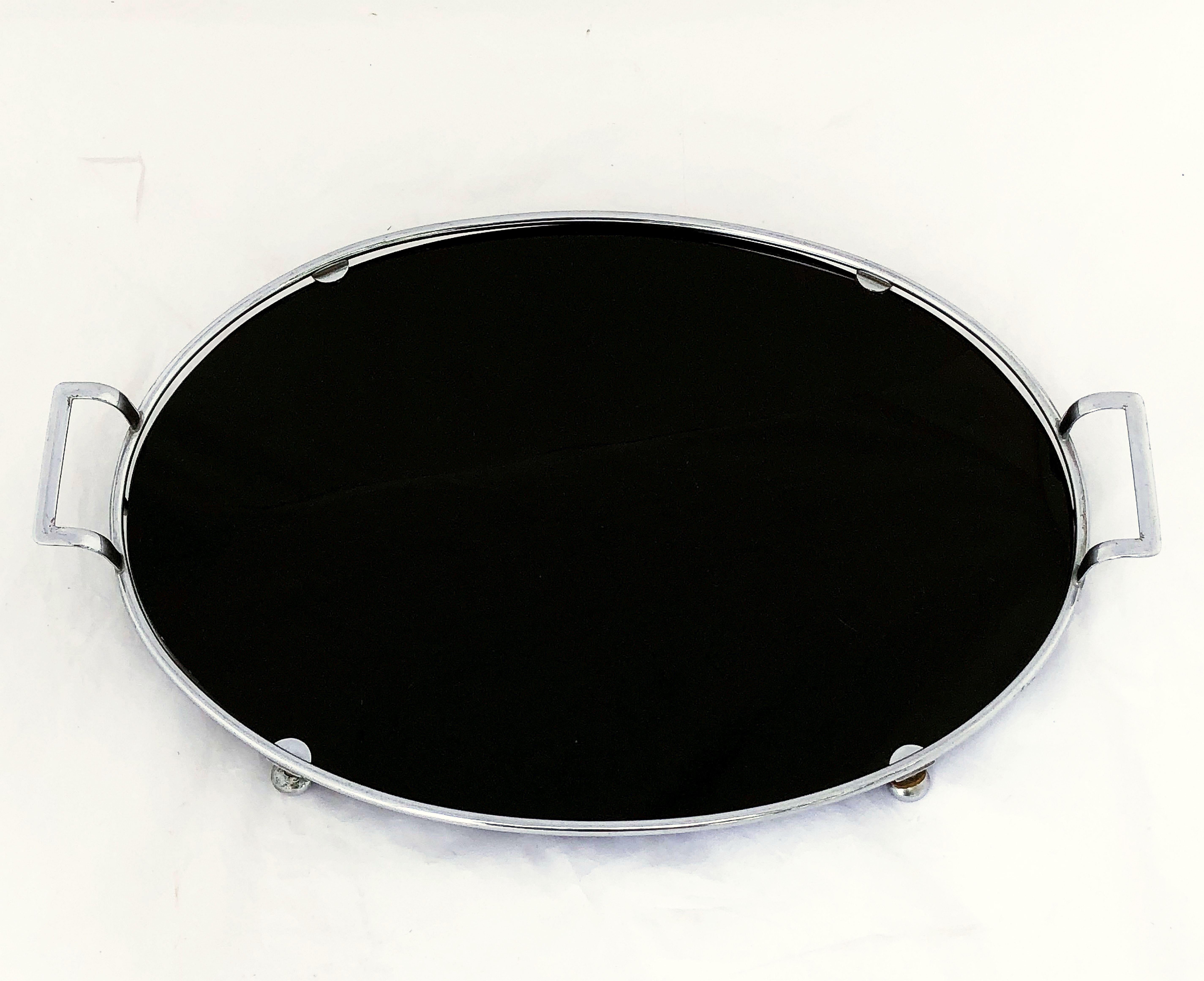 English Oval Serving Tray of Black Glass and Chrome from the Art Deco Period 1