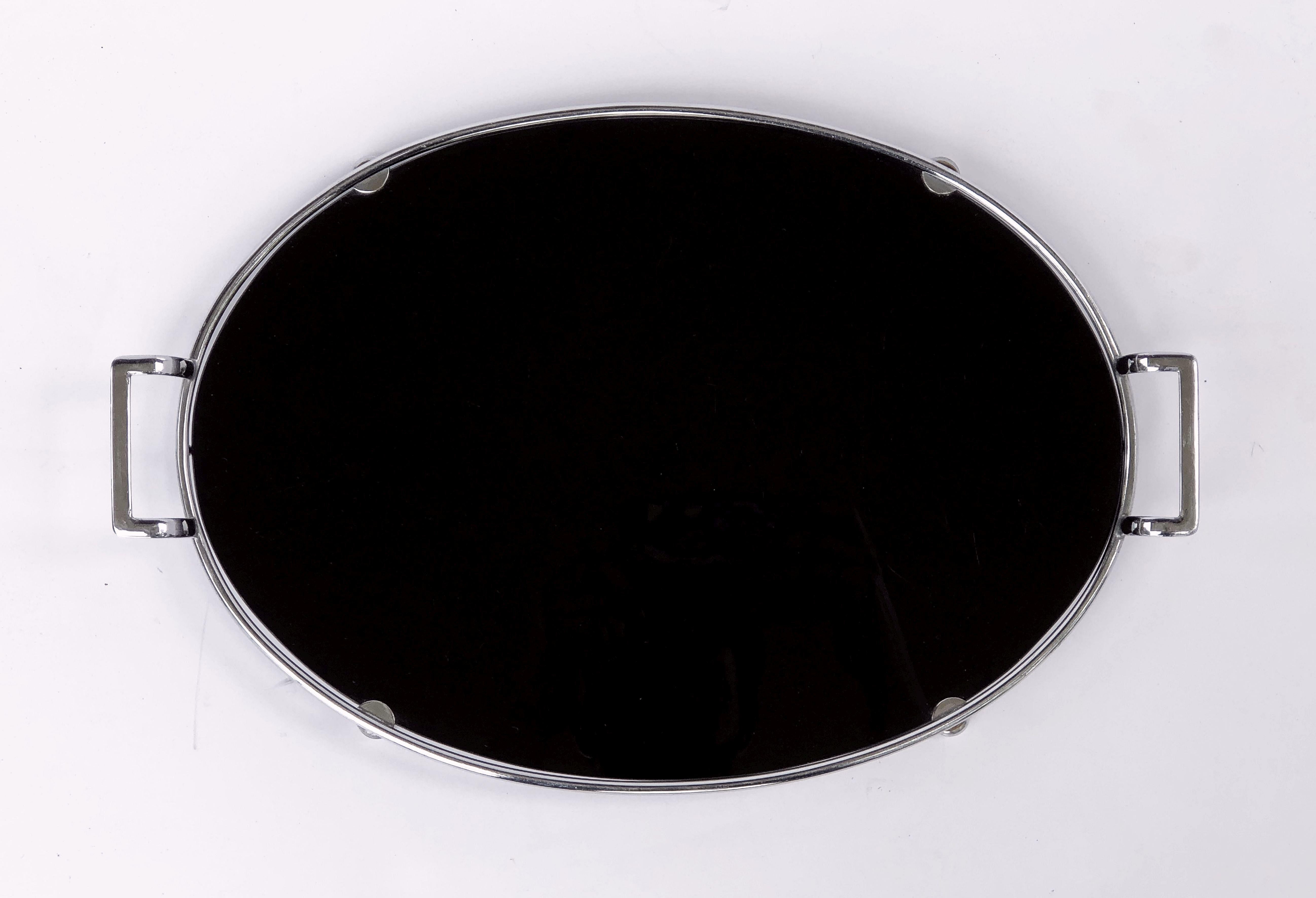 English Oval Serving Tray of Black Glass and Chrome from the Art Deco Period 2