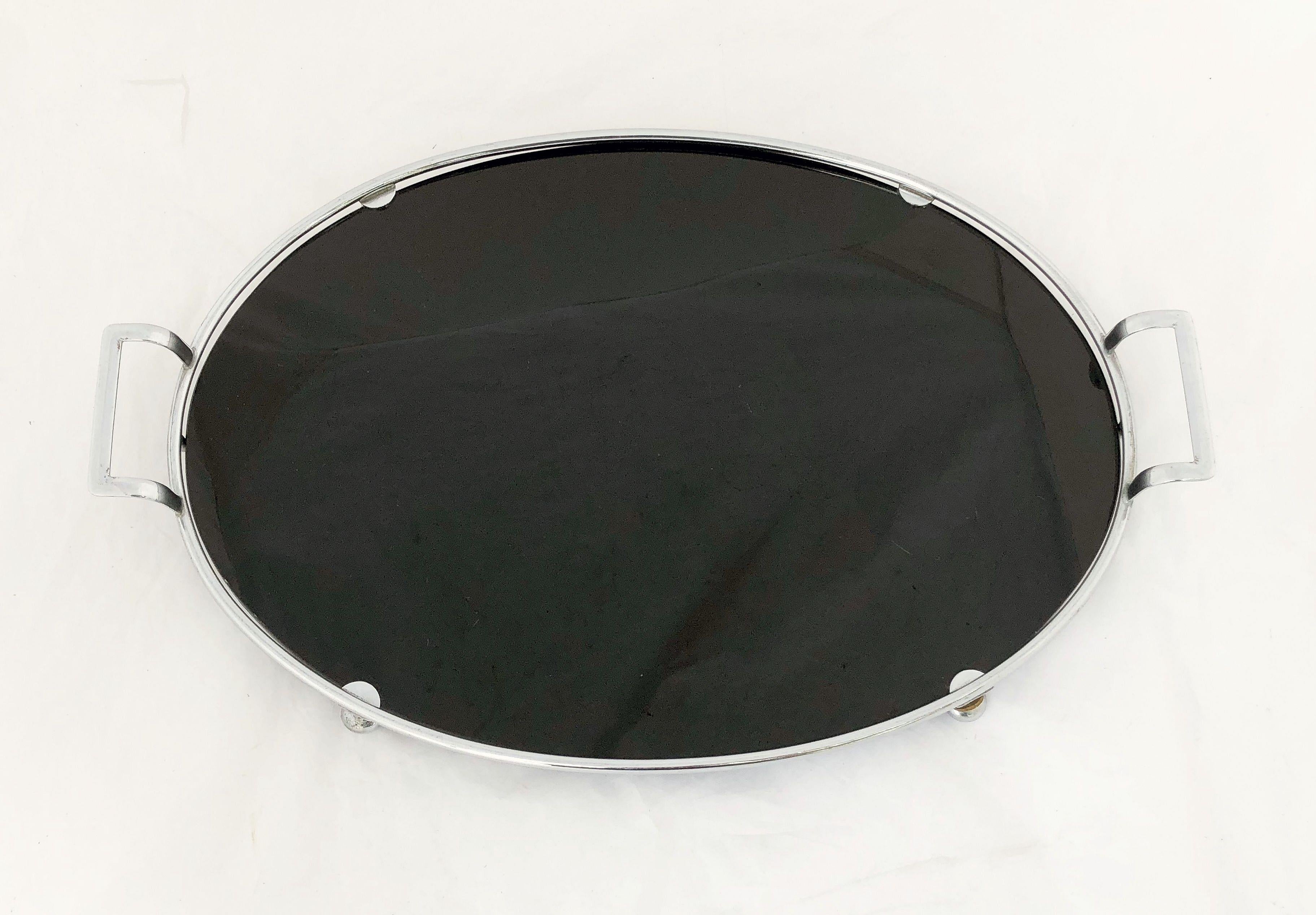 English Oval Serving Tray of Black Glass and Chrome from the Art Deco Period 3