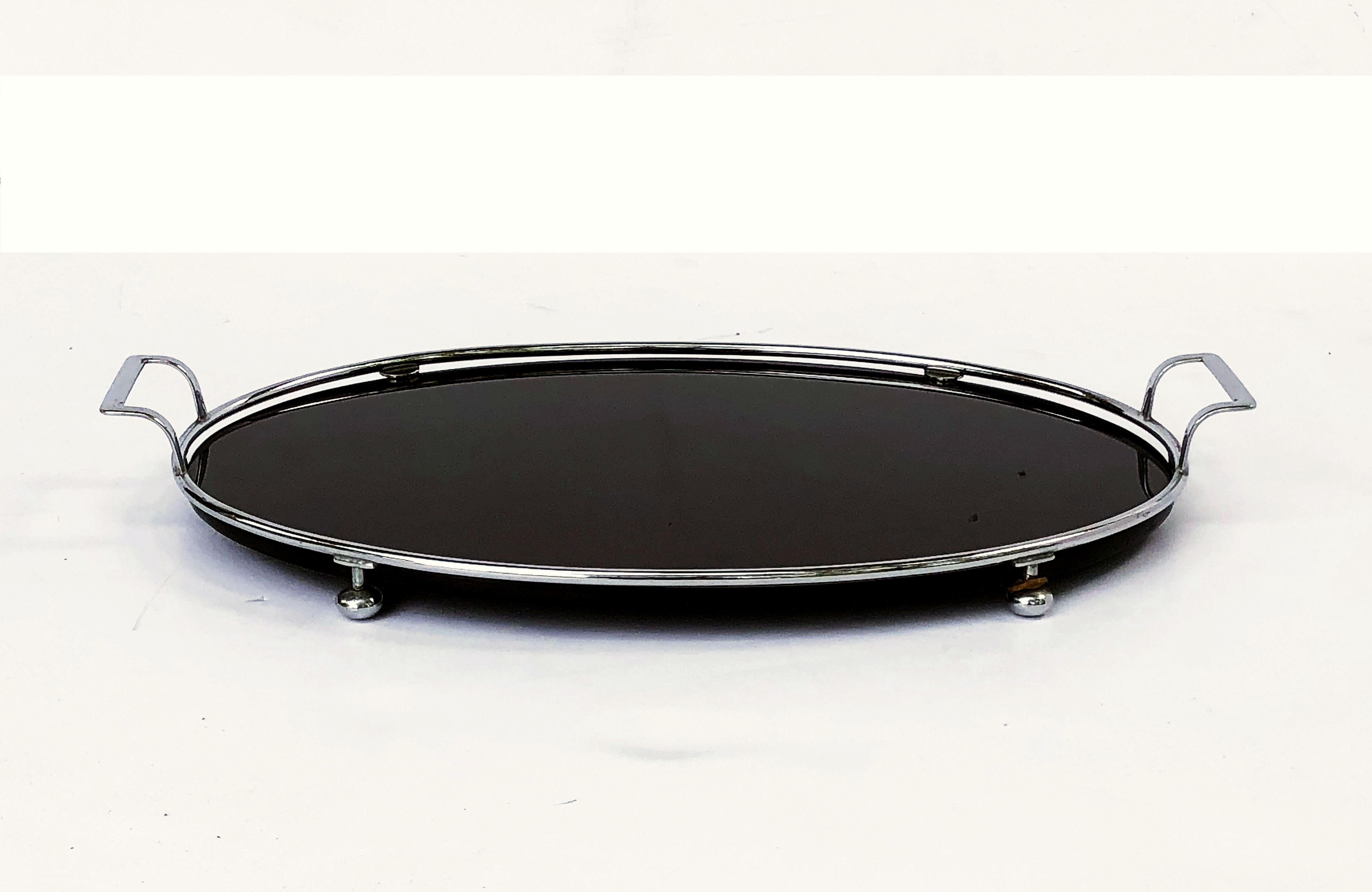 English Oval Serving Tray of Black Glass and Chrome from the Art Deco Period 4