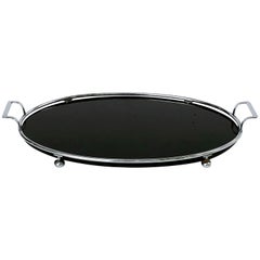 English Oval Serving Tray of Black Glass and Chrome from the Art Deco Period
