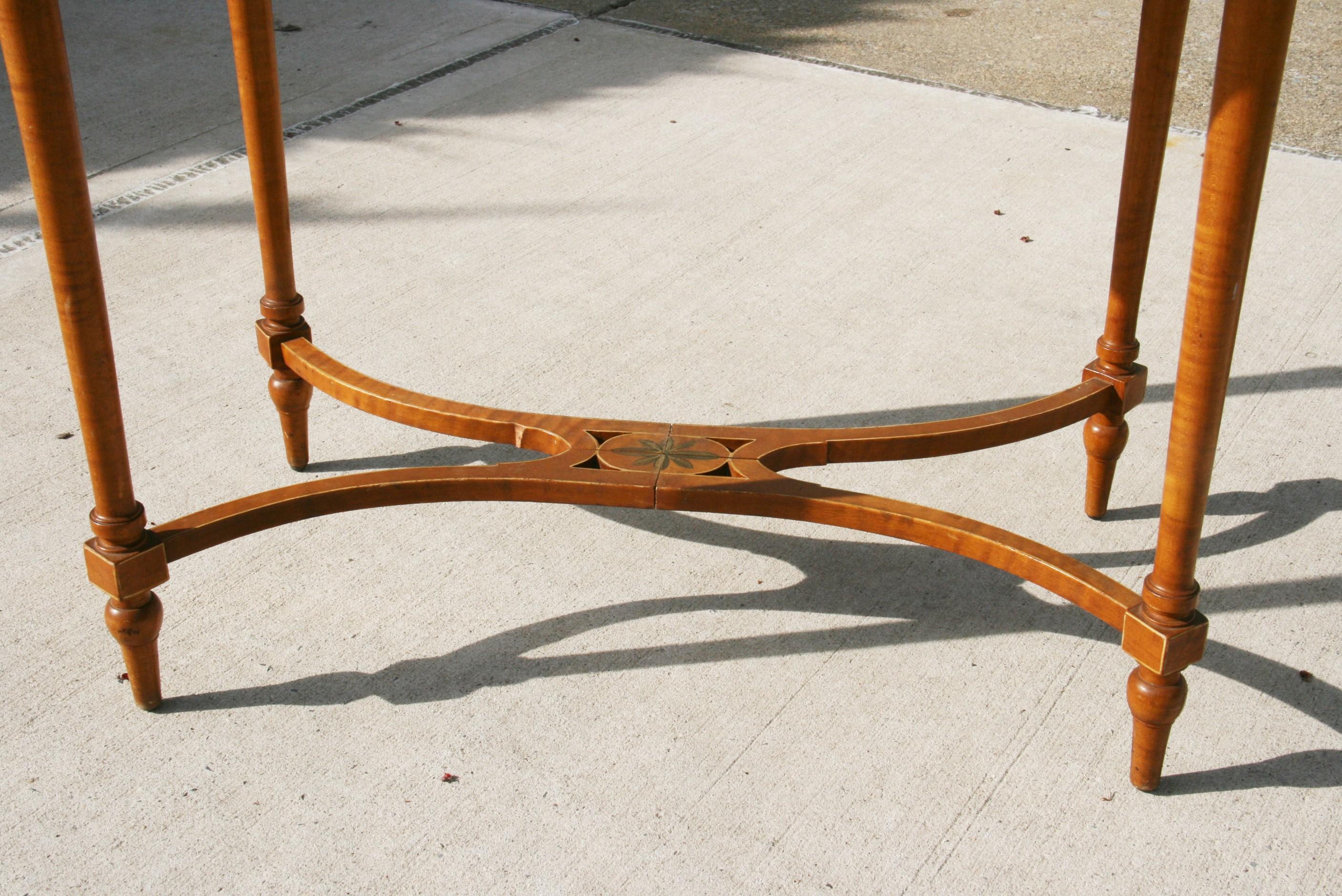 Mid-20th Century English Oval Solid Tiger Maple Library Table /Desk with Hand Painted Details