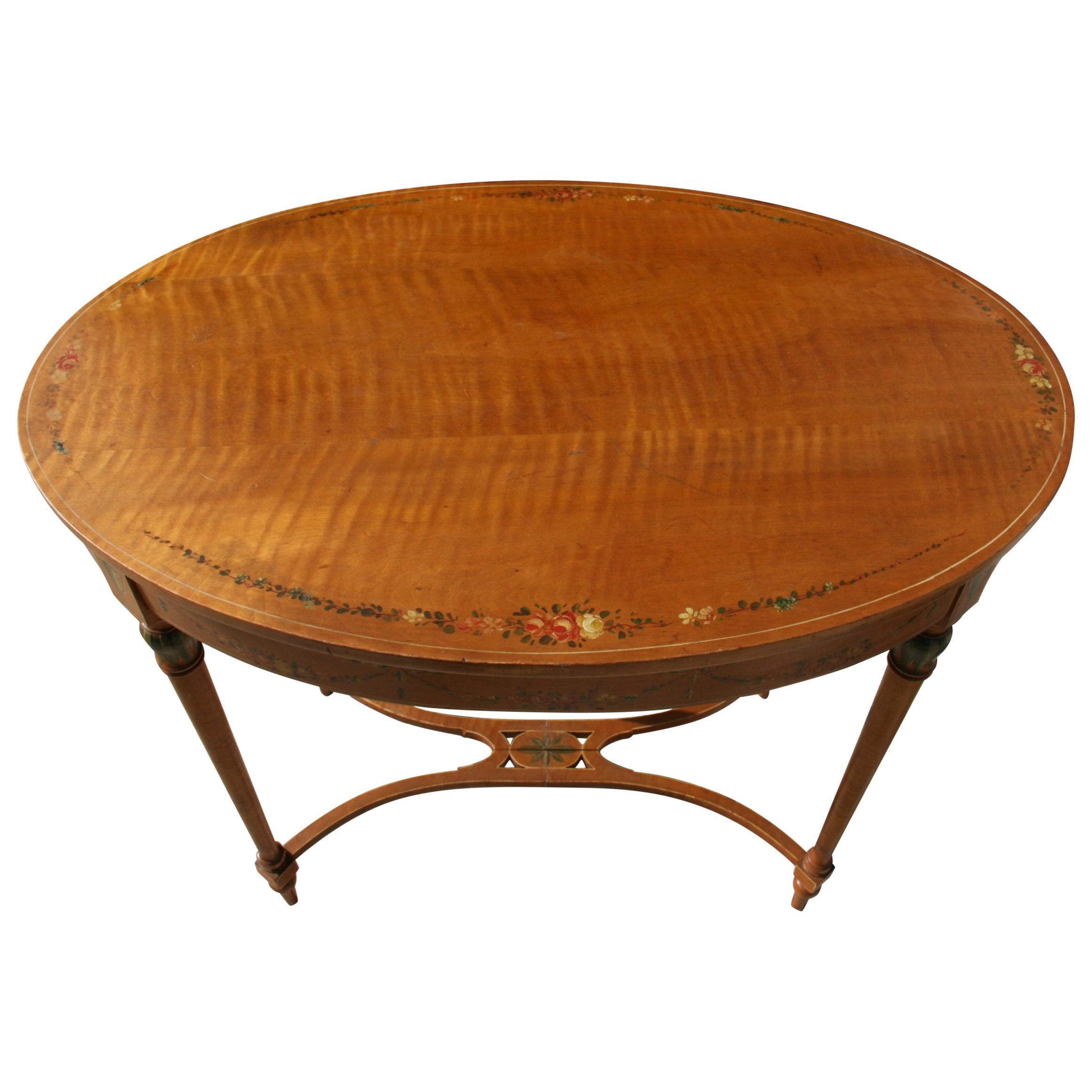 English Oval Solid Tiger Maple Library Table /Desk with Hand Painted Details