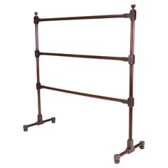 Antique English oversized turned mahogany blanket rail with trestle base, c. 1800's