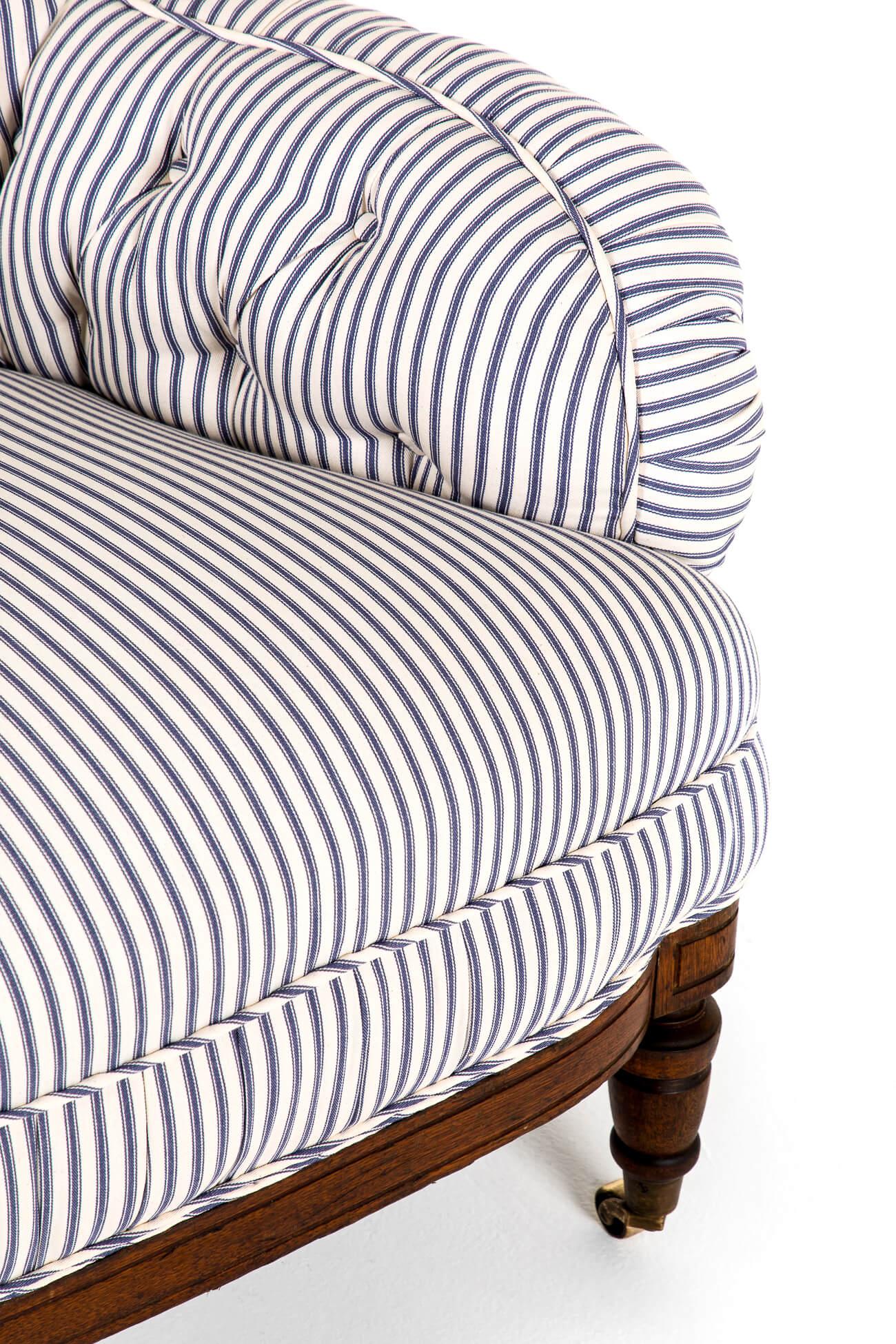 English Overstuffed Victorian Armchair with Blue Stripe Ticking For Sale 3