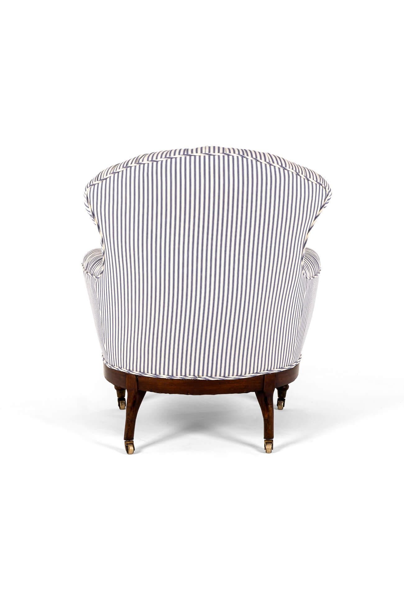 British English Overstuffed Victorian Armchair with Blue Stripe Ticking For Sale