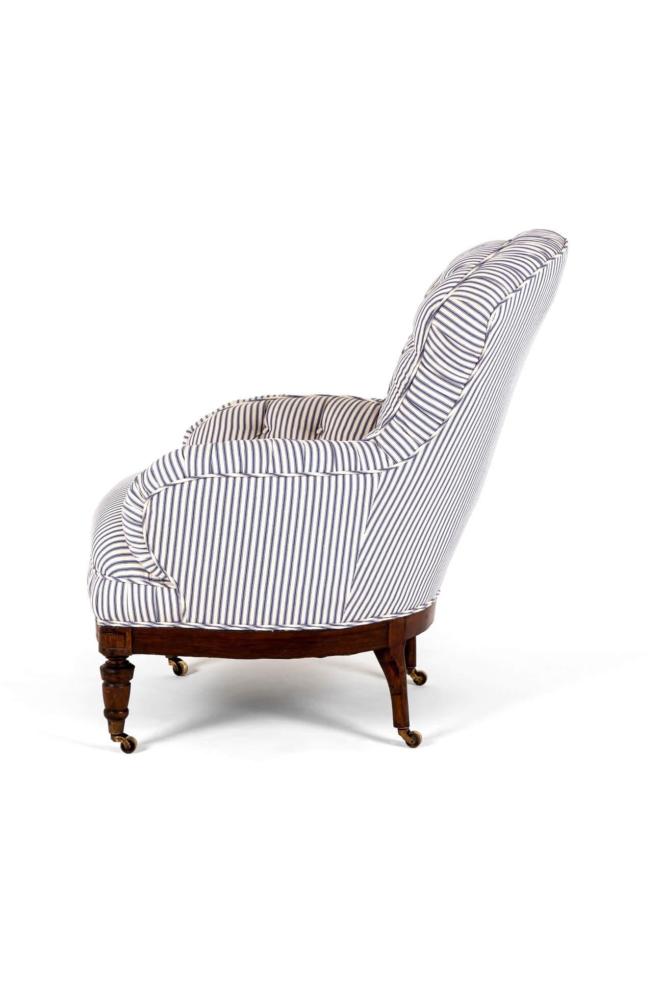 Hand-Crafted English Overstuffed Victorian Armchair with Blue Stripe Ticking For Sale